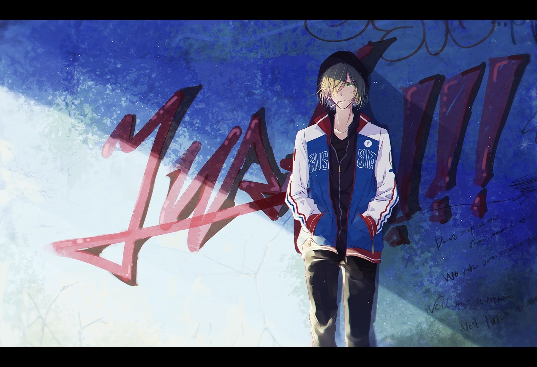 eyes, all, 243115, blonde, hair, mokoppe, 720P, yuri!!!, lollipop, male, green, short, com, ice, hoodie, yuri, konachan, candy, plisetsky, graffiti, HD Wallpaper