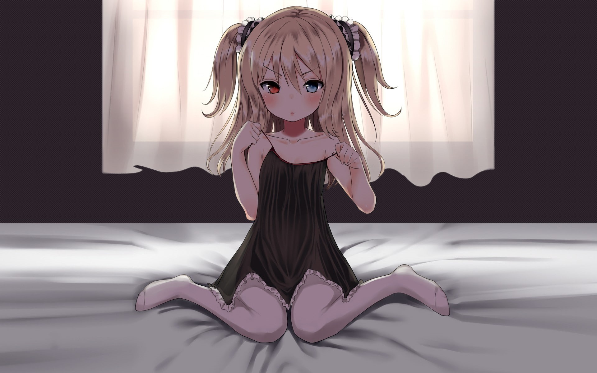 bed, heterochromia, hair bows, loli, blonde, Boku wa Tomodachi ga Sukunai, cleavage, 1080P, Hasegawa Kobato, HD Wallpaper