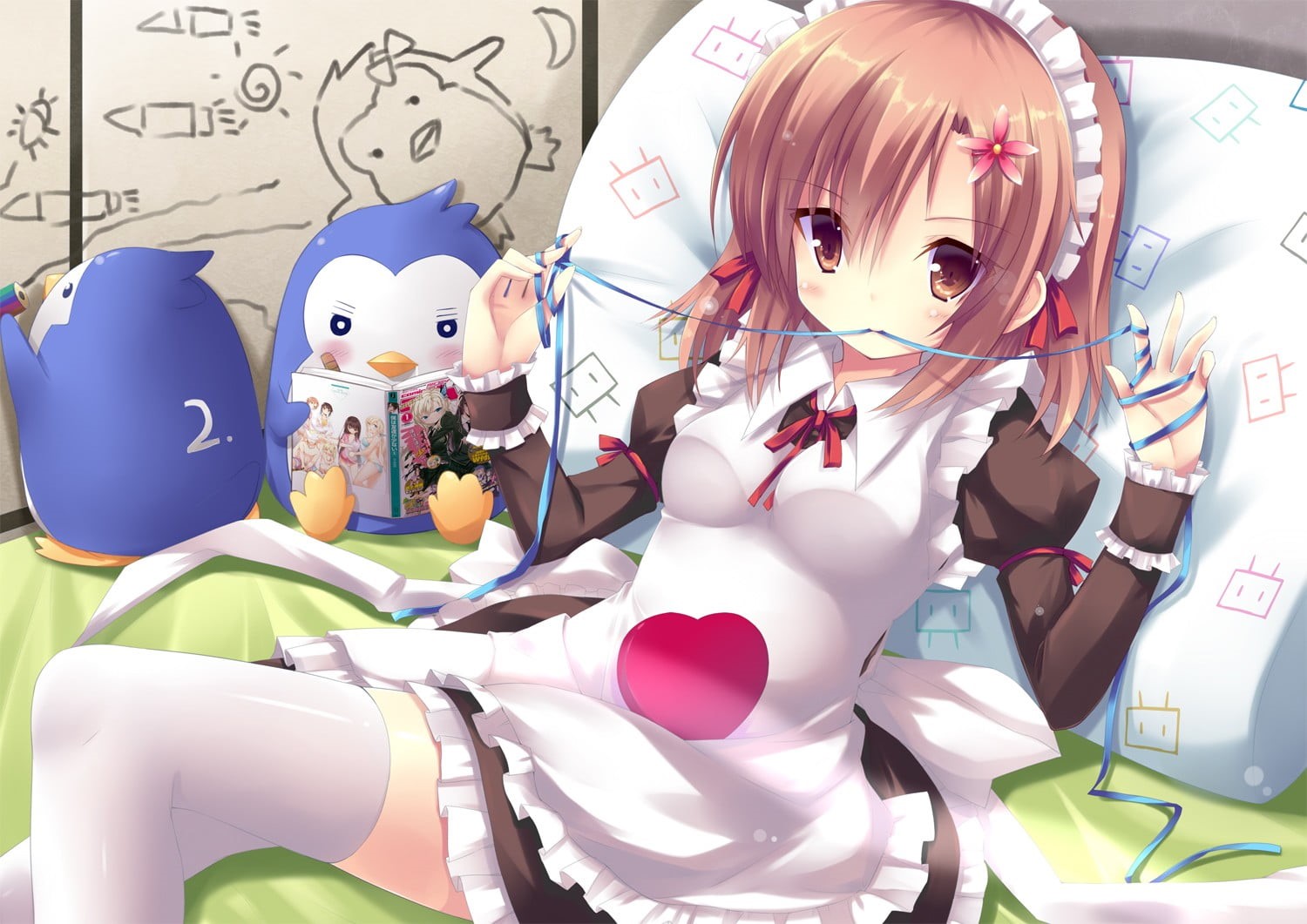 text, bed, sunlight, female likeness, no people, pillow, Kusunoki Yukimura, still life, men, art and craft, blushing, maid, representation, human representation, HD Wallpaper