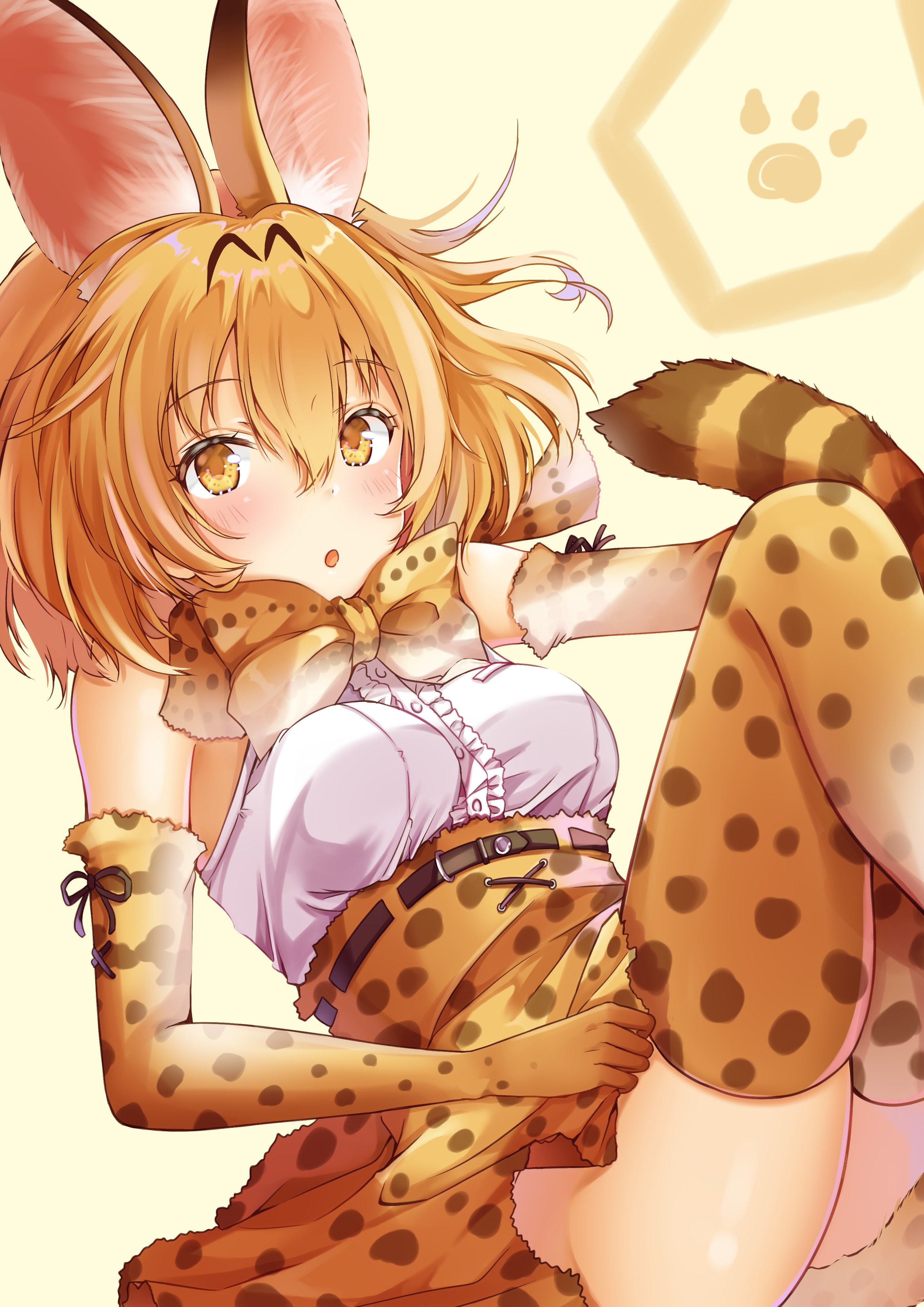 animal ears, tail, 4K, thigh-highs, short hair, Kemono Friends, Serval (Kemono Friends), Phone HD Wallpaper