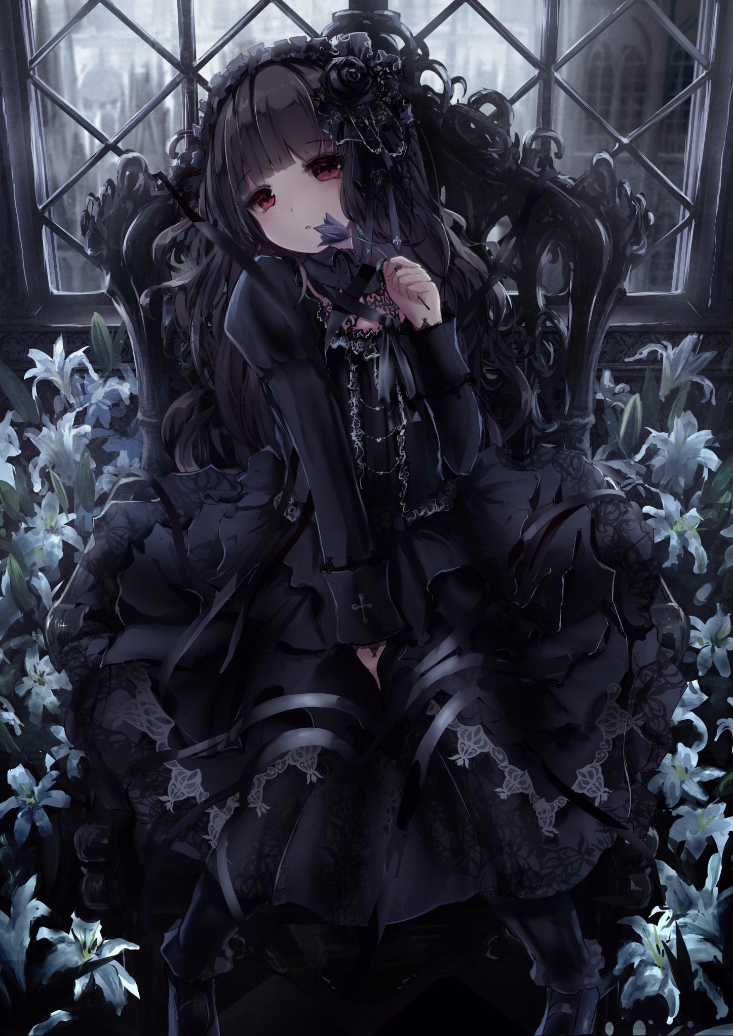 long hair, anime girls, flowers, brunette, lolita fashion, anime, 1080P, dress, loli, red eyes, Phone HD Wallpaper