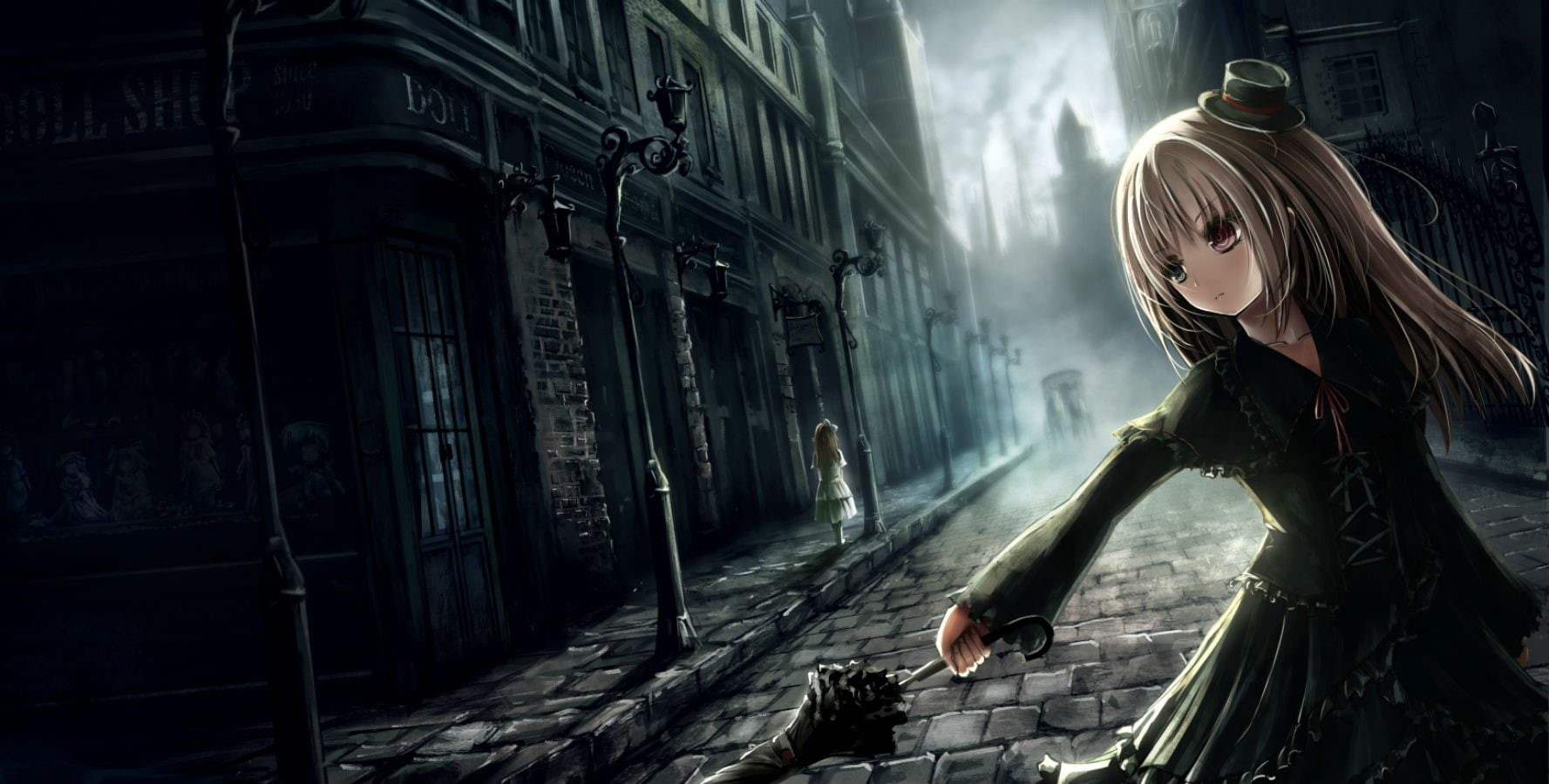 eyes, hair, building, hat, umbrella, dress, apple228, blonde, 720P, original, long, lolita, fashion, bicolored, goth-loli, gothic, HD Wallpaper