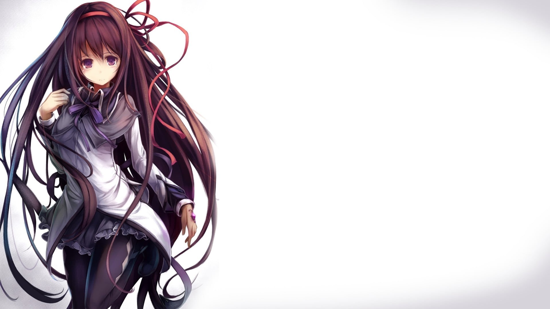 one person, white background, brown hair, leggings, haired, 1080P, Akemi Homura, teenager, scarf, lifestyles, anime, hair, standing, anime girls, Mahou Shoujo Madoka Magica, HD Wallpaper