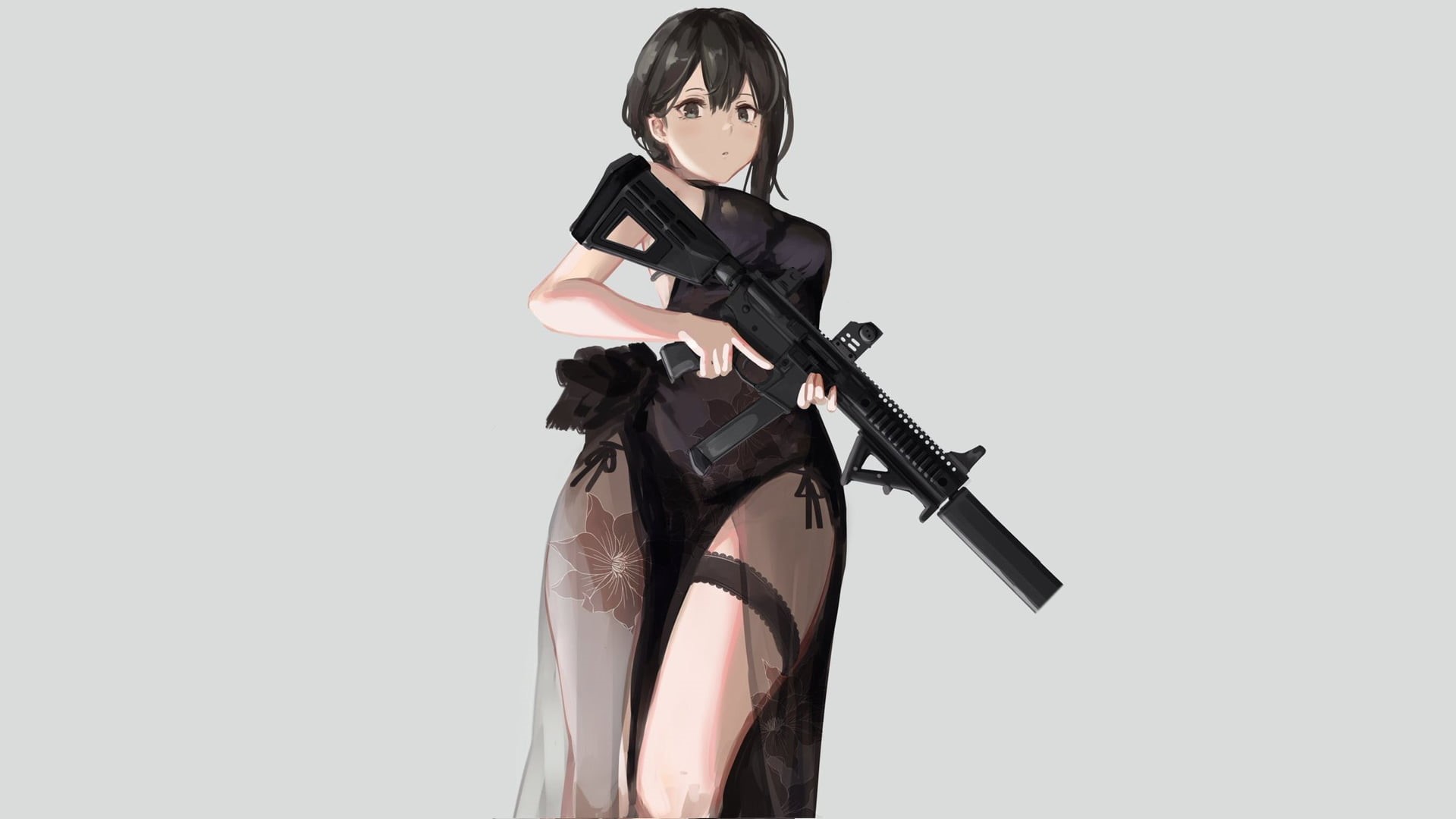 studio shot, beauty, indoors, gun, black hair, young women, portrait, looking at camera, beautiful woman, anime girls, Cheongsam, anime, government, simple background, HD Wallpaper