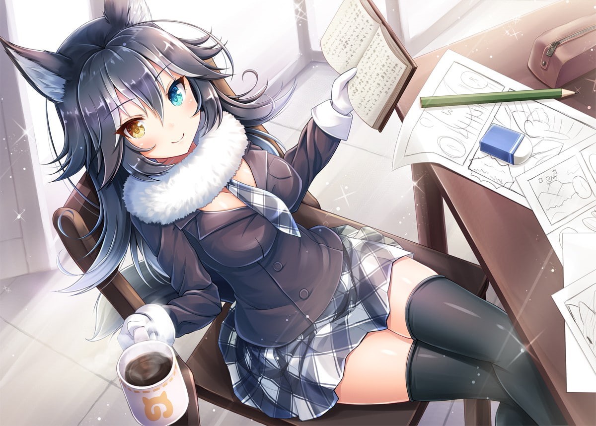 thigh-highs, books, anime, Kemono Friends, 480P, anime girls, black hair, tie, animal ears, heterochromia, HD Wallpaper