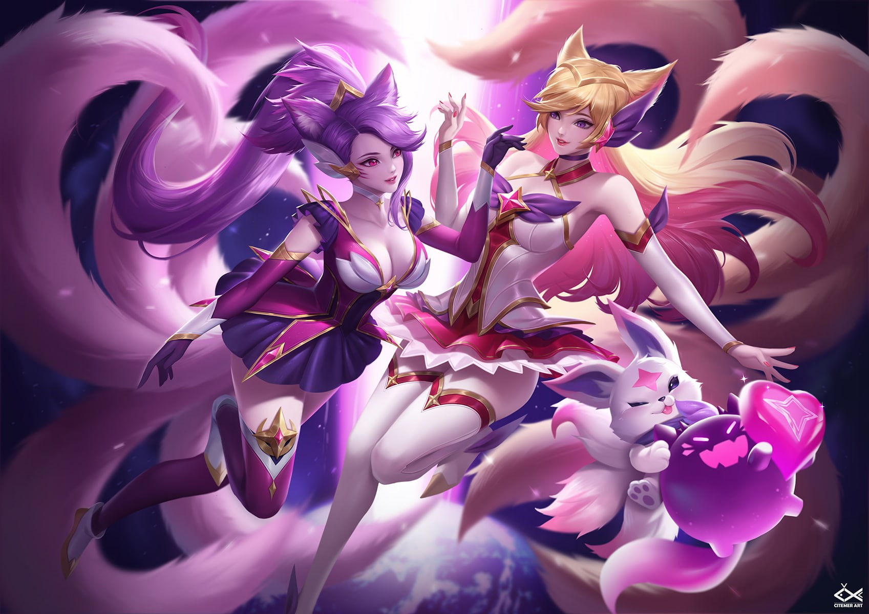 cleavage, animal ears, tail, dress, boots, fox girl, pink eyes, headdress, 720P, gloves, choker, long hair, animals, purple eyes, thigh-highs, HD Wallpaper