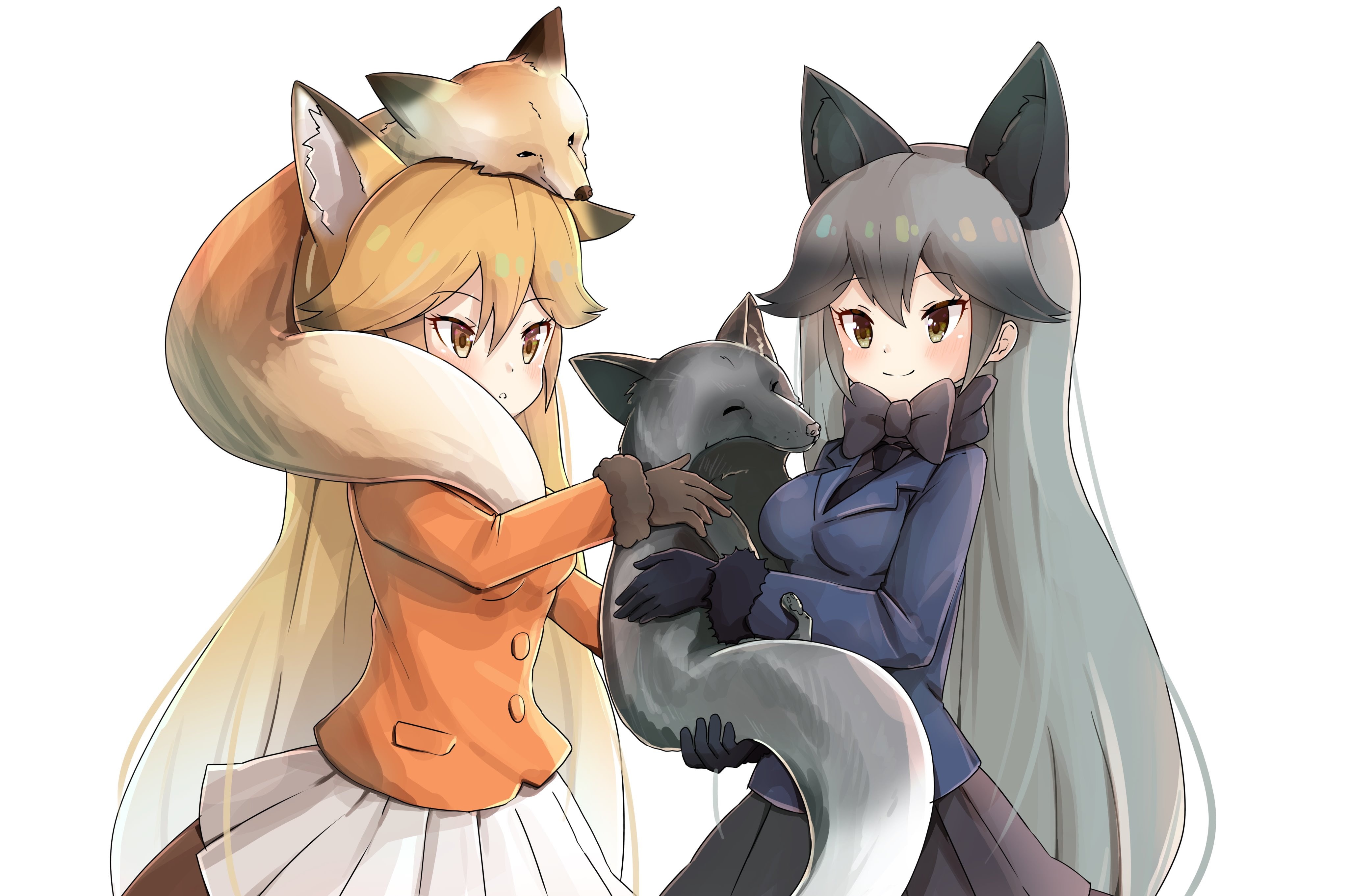 anime girls, white background, 4K, animal ears, Red fox (Kemono friends), Silver fox (Kemono friends), anime, Kemono Friends, HD Wallpaper