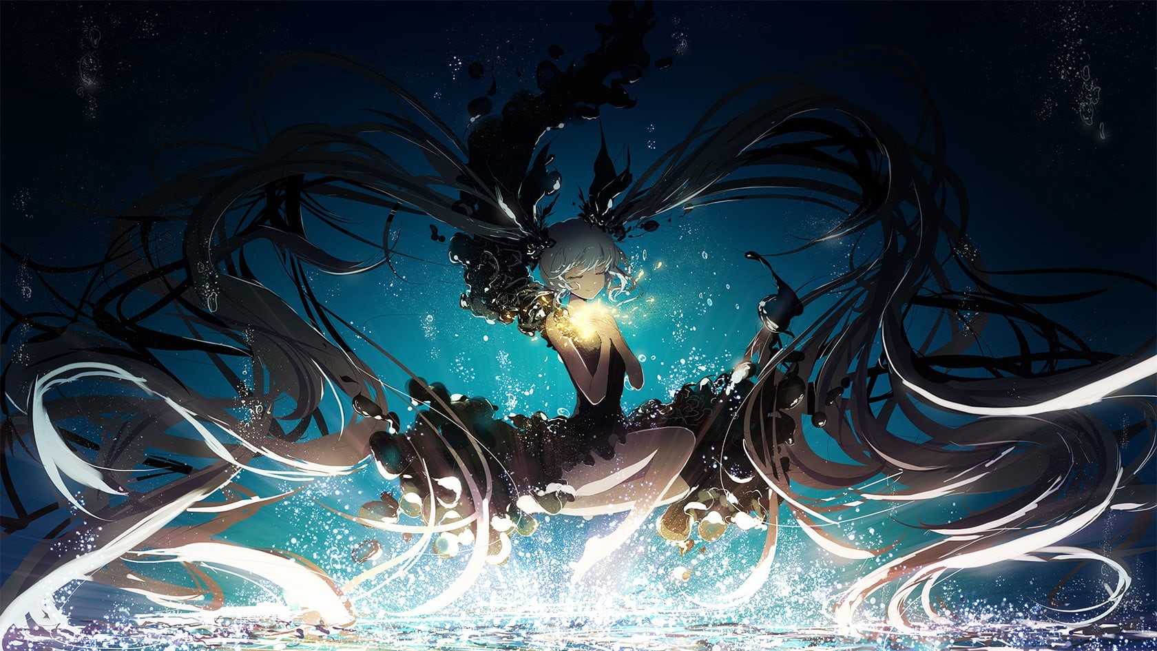  digital composite, barefoot, twintails, blue, fire, pattern, white, illuminated, female, black dress, 720P, deep sea, water, nature, power in nature, HD Wallpaper