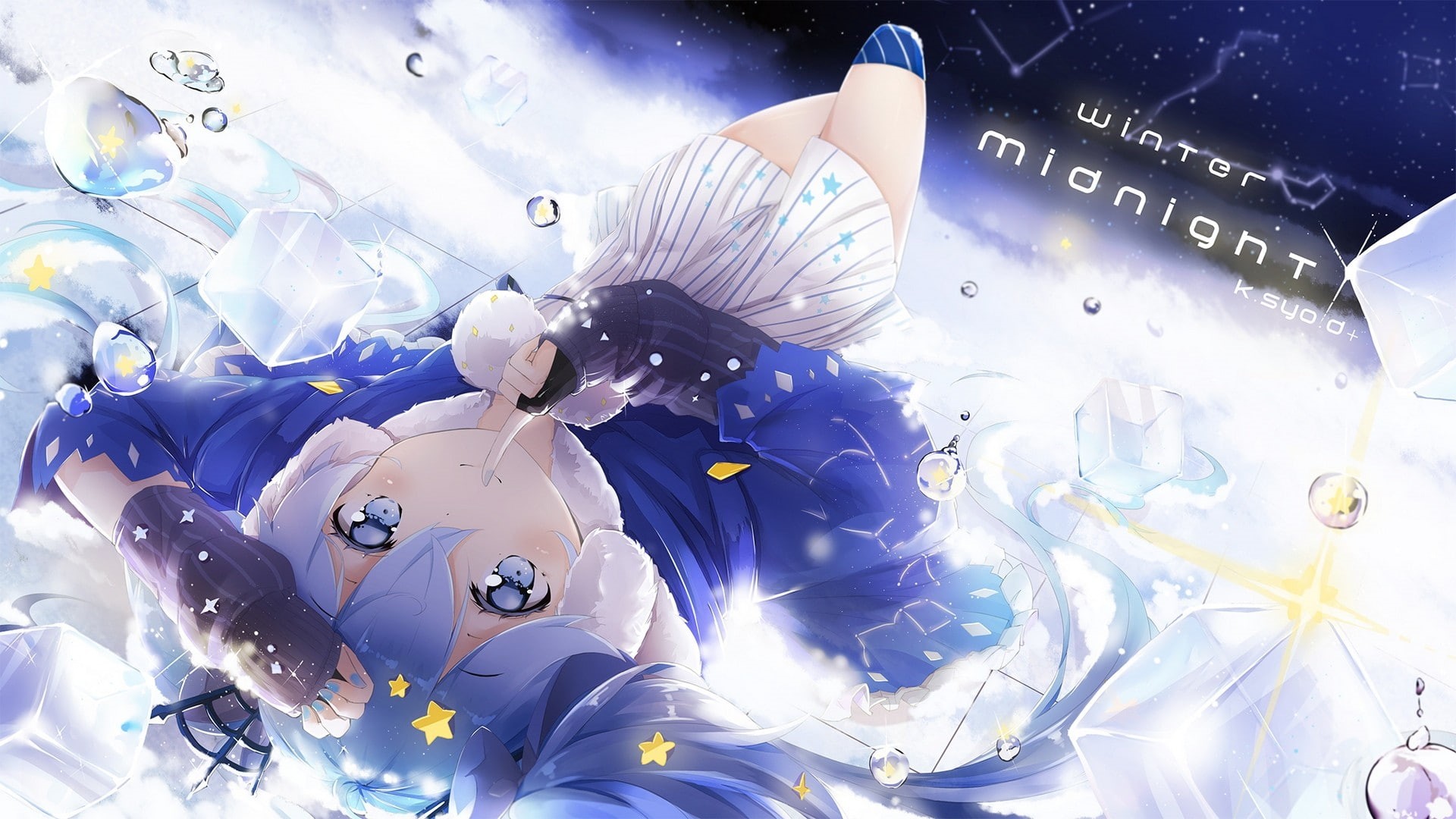 1080P, winter, blue hair, vulnerability, long hair, celebration, still life, Hatsune Miku, beauty in nature, art and craft, purple, close-up, fragility, HD Wallpaper
