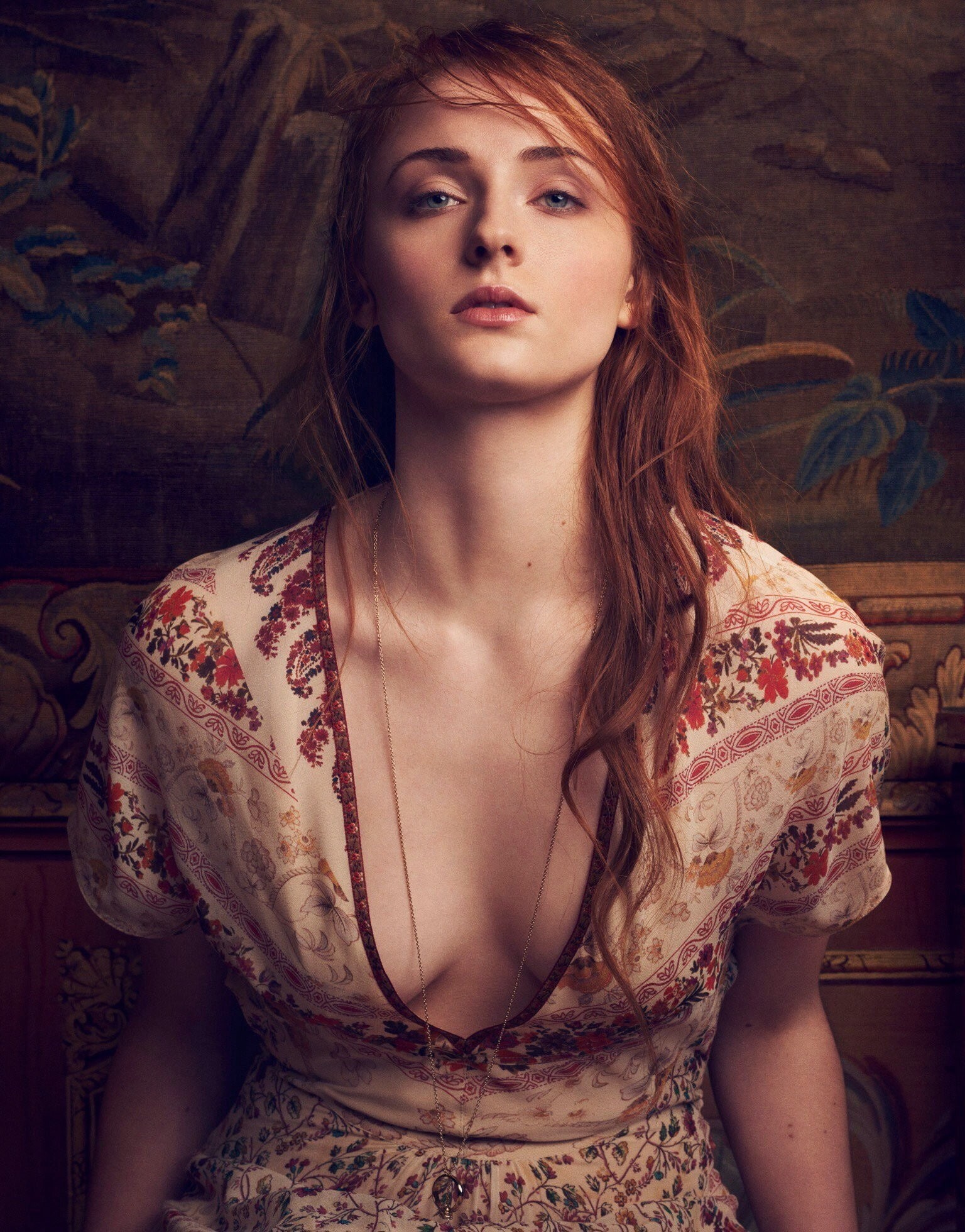 dress, blue eyes, women, 1080P, cleavage, Sophie Turner, actress, face, long hair, redhead, Phone HD Wallpaper
