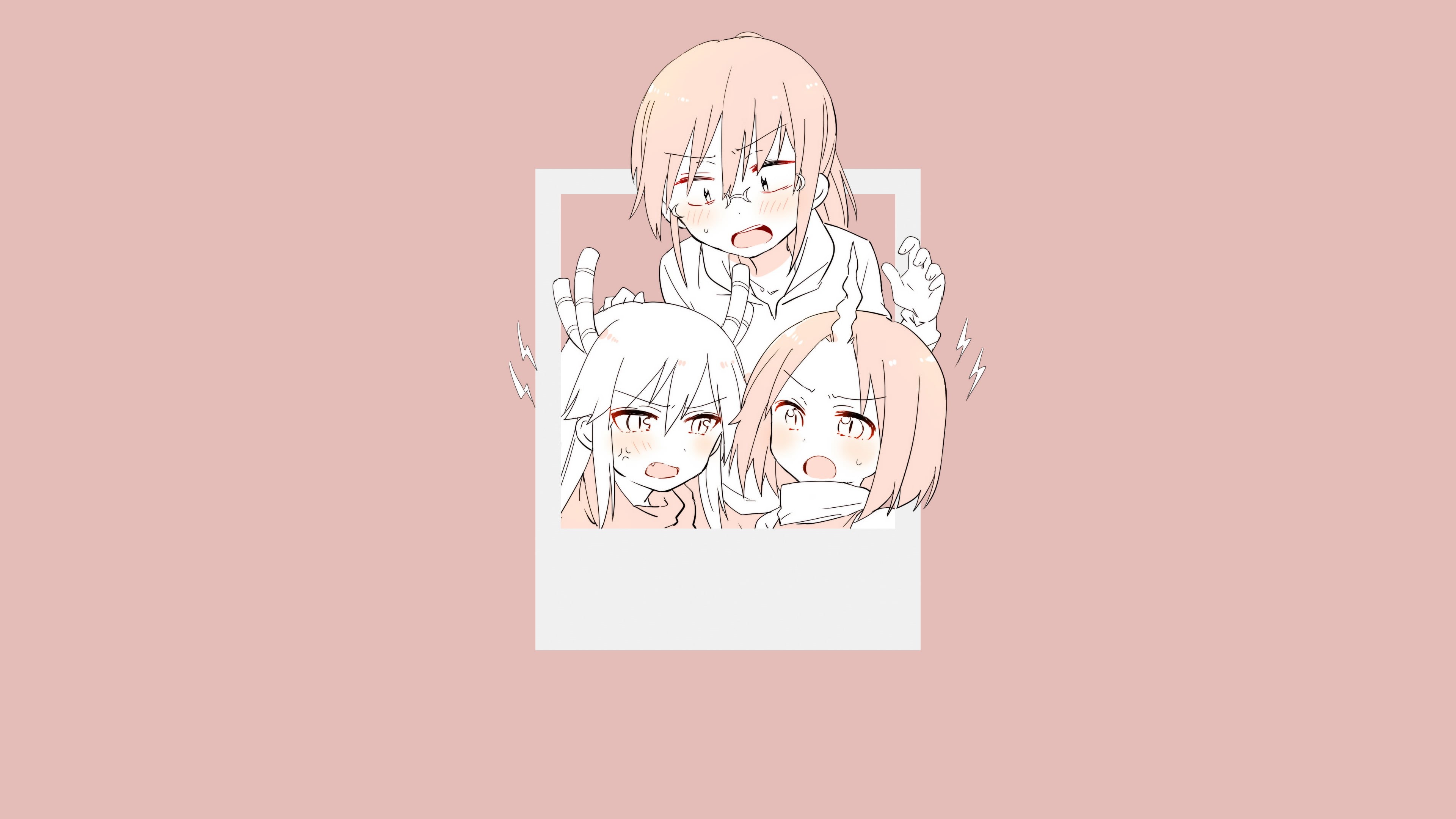 pink background, anime, anime girls, Kobayashi-san Chi no Maid Dragon, picture-in-picture, monochrome, Elma Jouii (Kobayashi-San Chi no Maid Dragon), 4K, HD Wallpaper