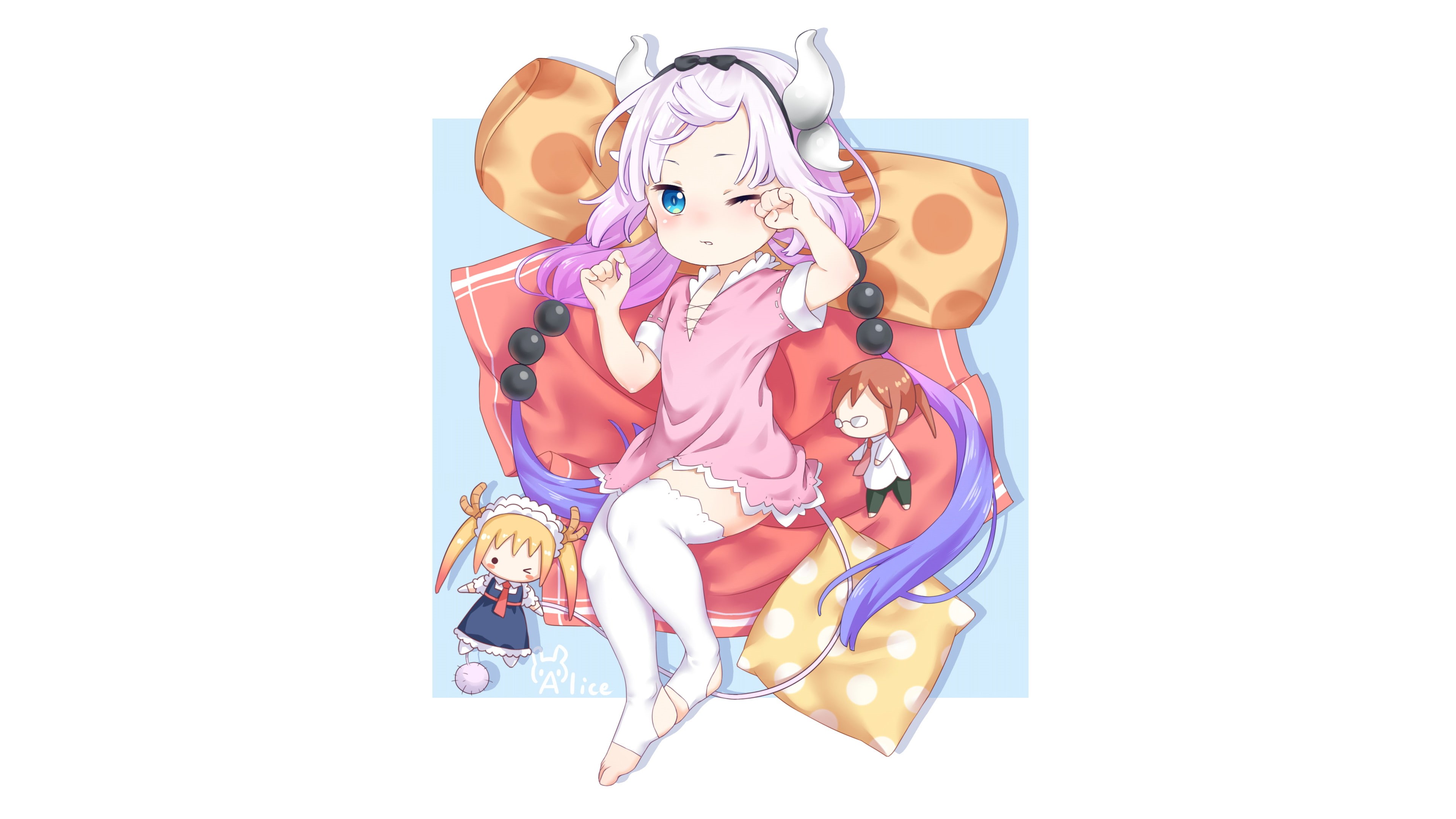 4K, Kanna Kobayashi-san Chi no Maid Dragon, copy space, high angle view, bag, indoors, white background, representation, multi colored, clothing, white skin, HD Wallpaper