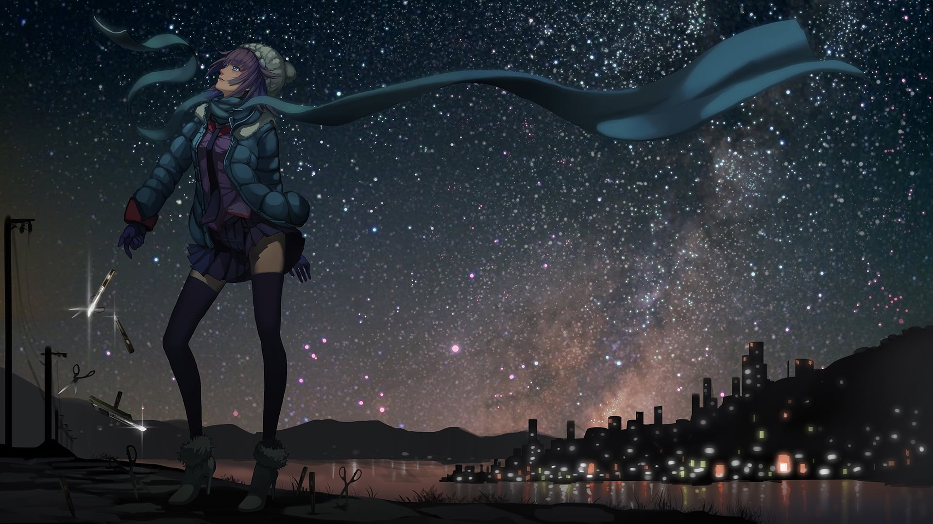 woman, nature, character, outdoors, thigh-highs, snow, christmas, full length, city, celebration, Monogatari Series, silhouette, dress, stars, purple, space, HD Wallpaper