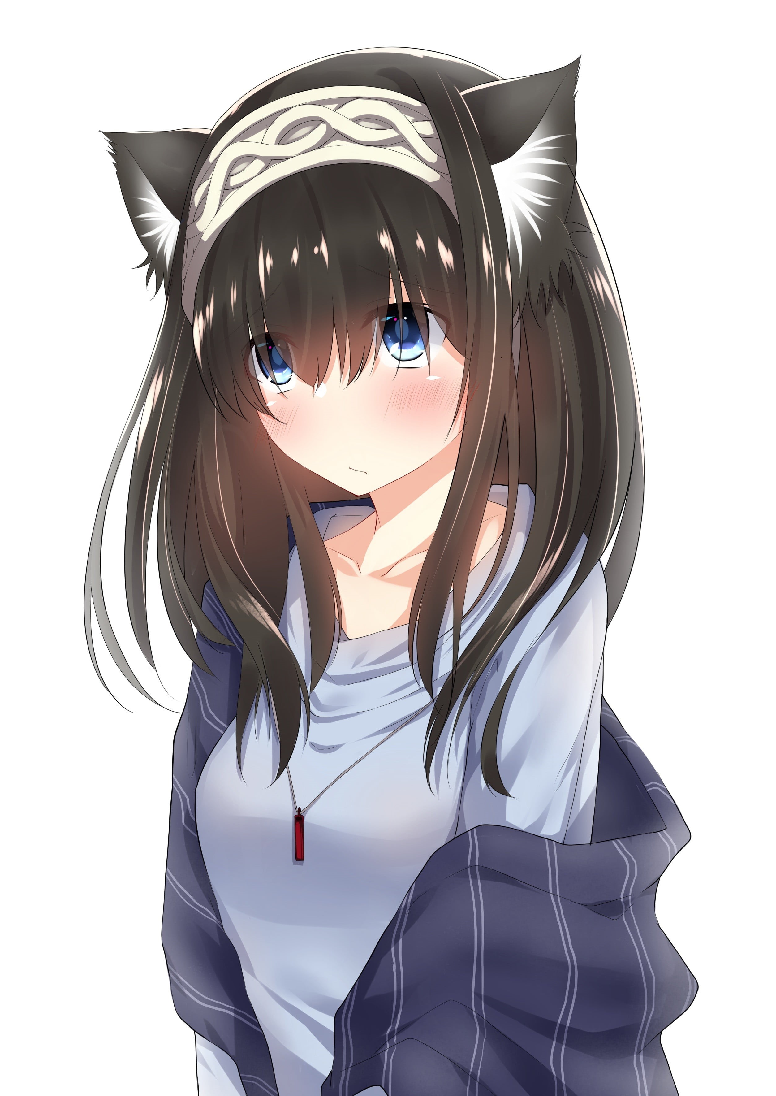 young adult, white background, gray, females, young women, animal ears, music, hairstyle, Sagisawa Fumika, human face, technology, headshot, women, shirt, Phone HD Wallpaper