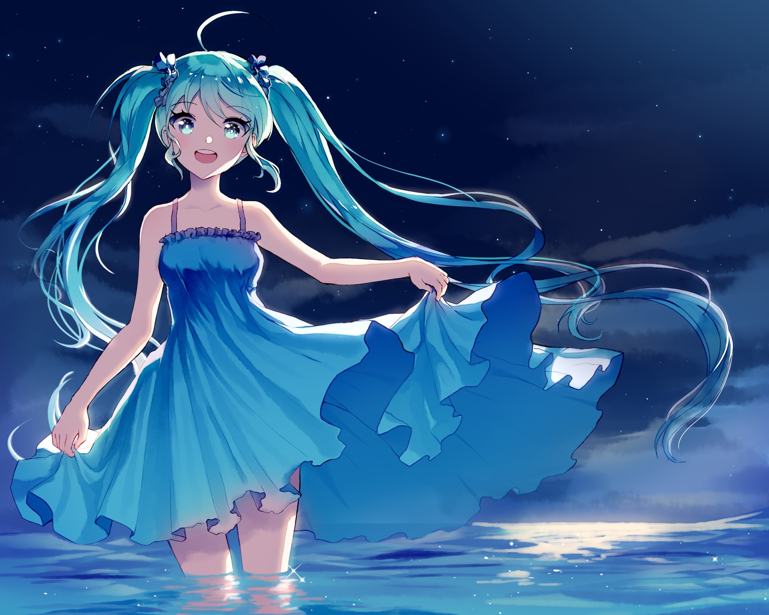 dress, one person, anime girls, underwater, blue dress, nature, twintails, sea, night, illuminated, looking at viewer, digital composite, sky, 1080P, hair, HD Wallpaper