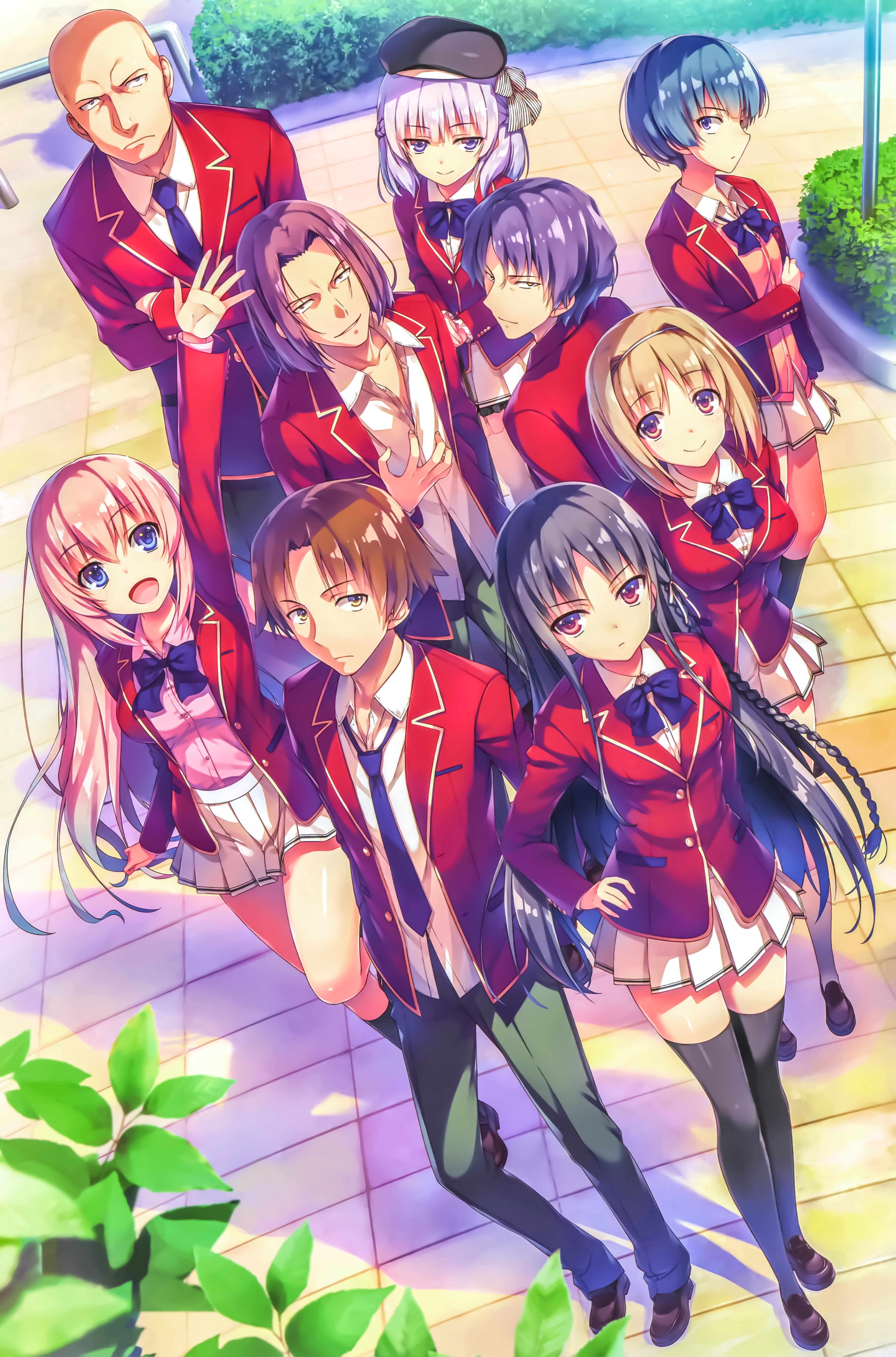 in a row, men, indoors, people, women, youkoso jitsuryoku shijou no kyoushitsu e, Anime, purple, group of people, day, 5K, art and craft, leisure activity, Phone HD Wallpaper