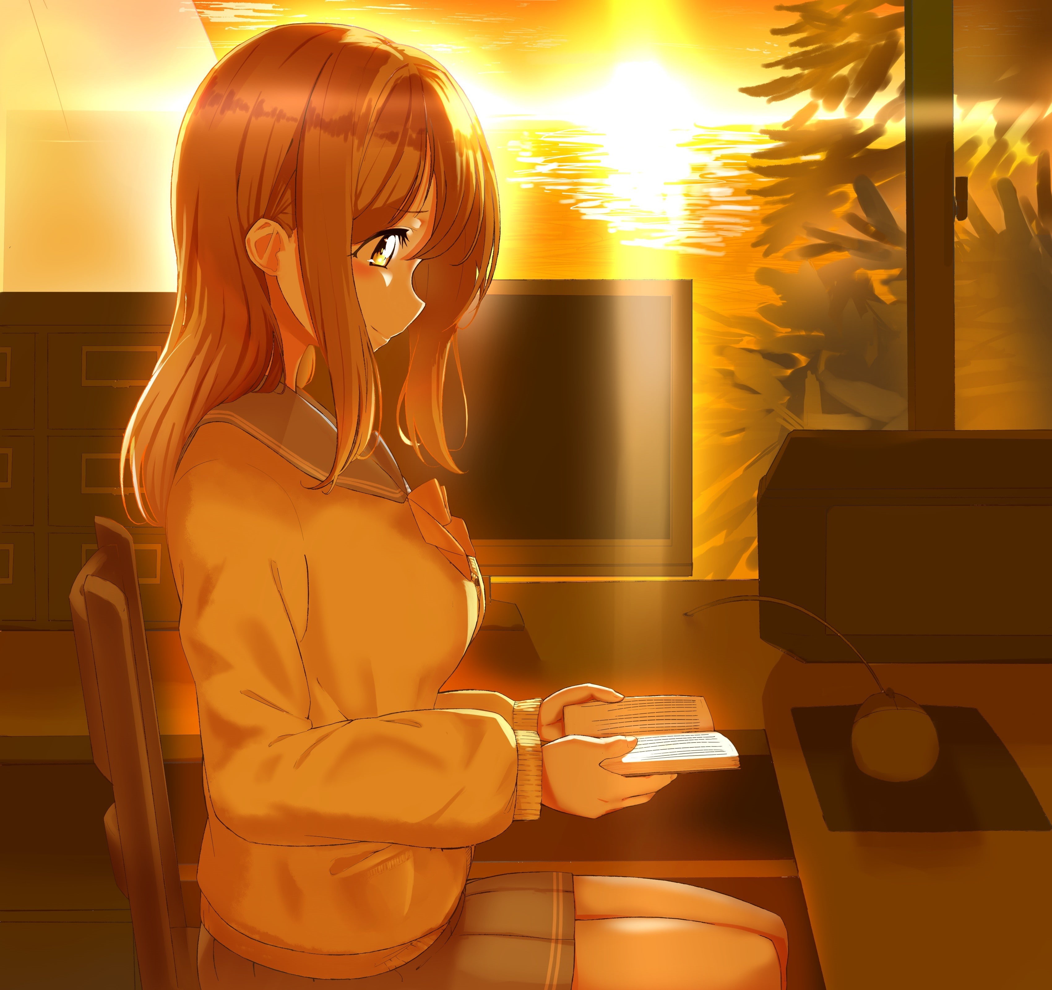 2K, anime girls, anime, Kunikida Hanamaru, long hair, skirt, Love Live! Sunshine, yellow eyes, sweater, HD Wallpaper