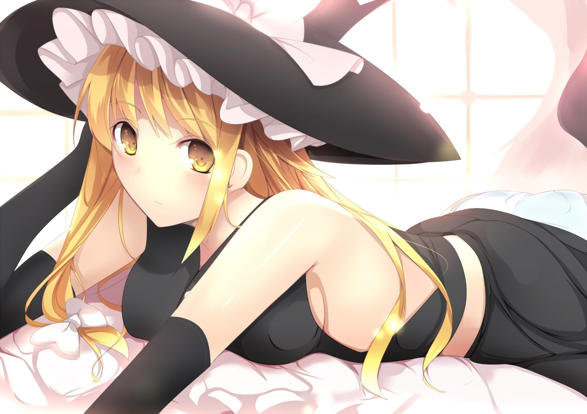 bed, fashion, hairstyle, witch, human representation, disguise, Kirisame Marisa, lifestyles, beautiful woman, adult, sunglasses, indoors, clothing, real people, HD Wallpaper