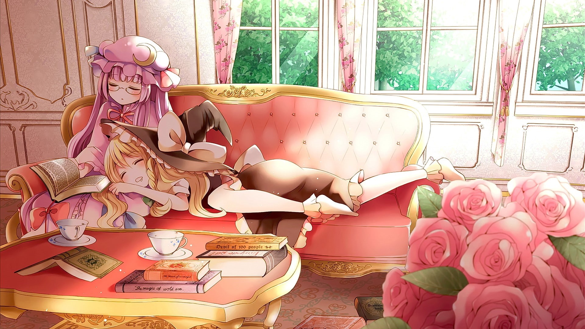 domestic room, nature, anime, large group of objects, flower arrangement, art and craft, bouquet, no people, flowers, Touhou, hat, still life, rose, witch, HD Wallpaper