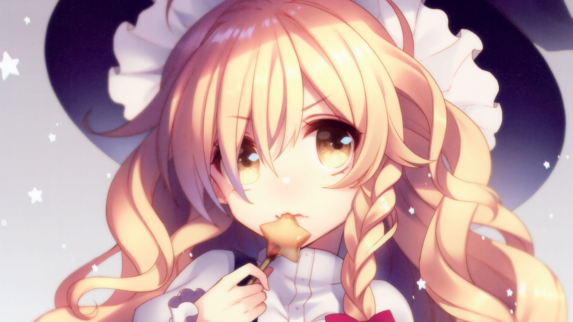 looking at camera, Touhou, child, hat, women, eating, young adult, frills, sweets, yellow eyes, human face, braids, indoors, close-up, girls, stars, solo, HD Wallpaper