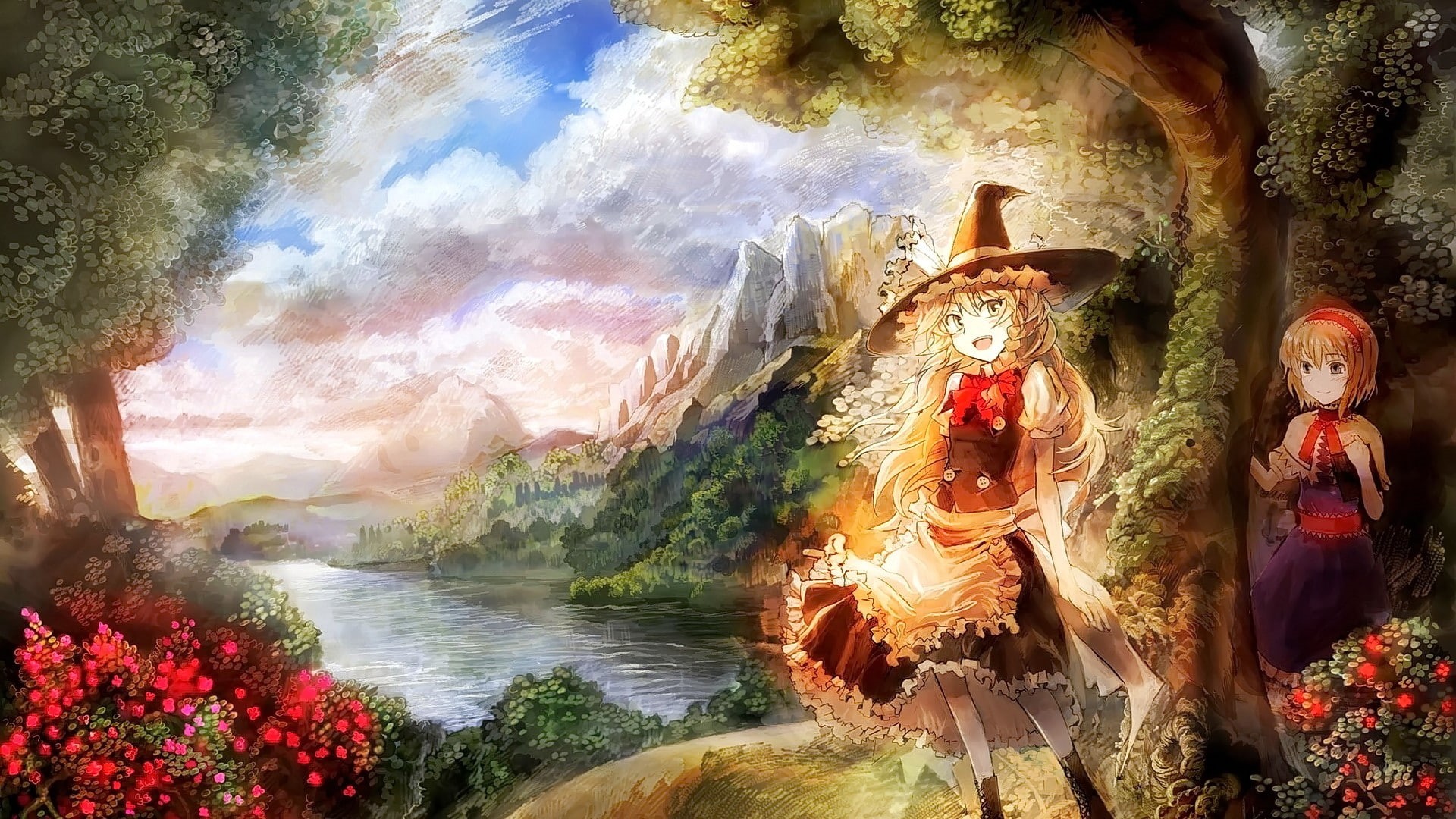 Alice Margatroid, Kirisame Marisa, looking away, anime girls, Touhou, long hair, 1080P, hat, anime, short hair, blonde, HD Wallpaper