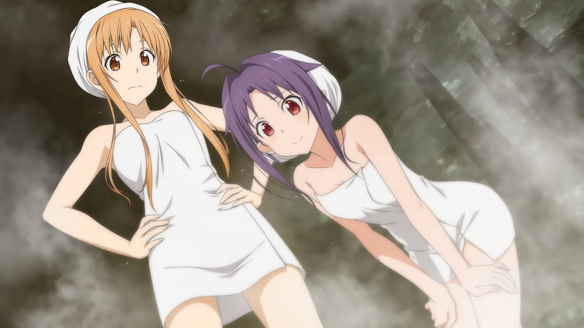 art, online, com, brown, red, eyes, asuna, 1080P, 240581, konno, tagme, hair, yuuki, towel, 2girls, konachan, sword, (artist), long, purple, onsen, HD Wallpaper