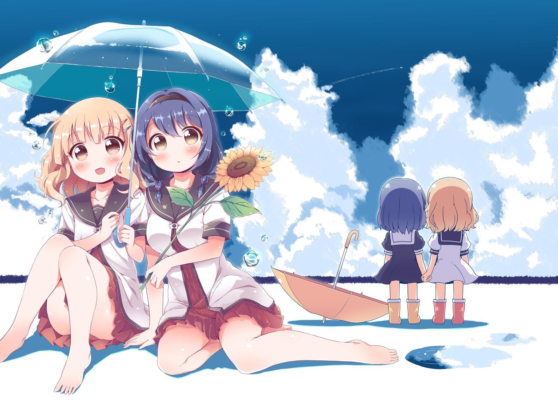 outdoors, females, sky, Oomuro Sakurako, day, sunlight, togetherness, family, looking at camera, beach, group of people, leisure activity, anime girls, HD Wallpaper