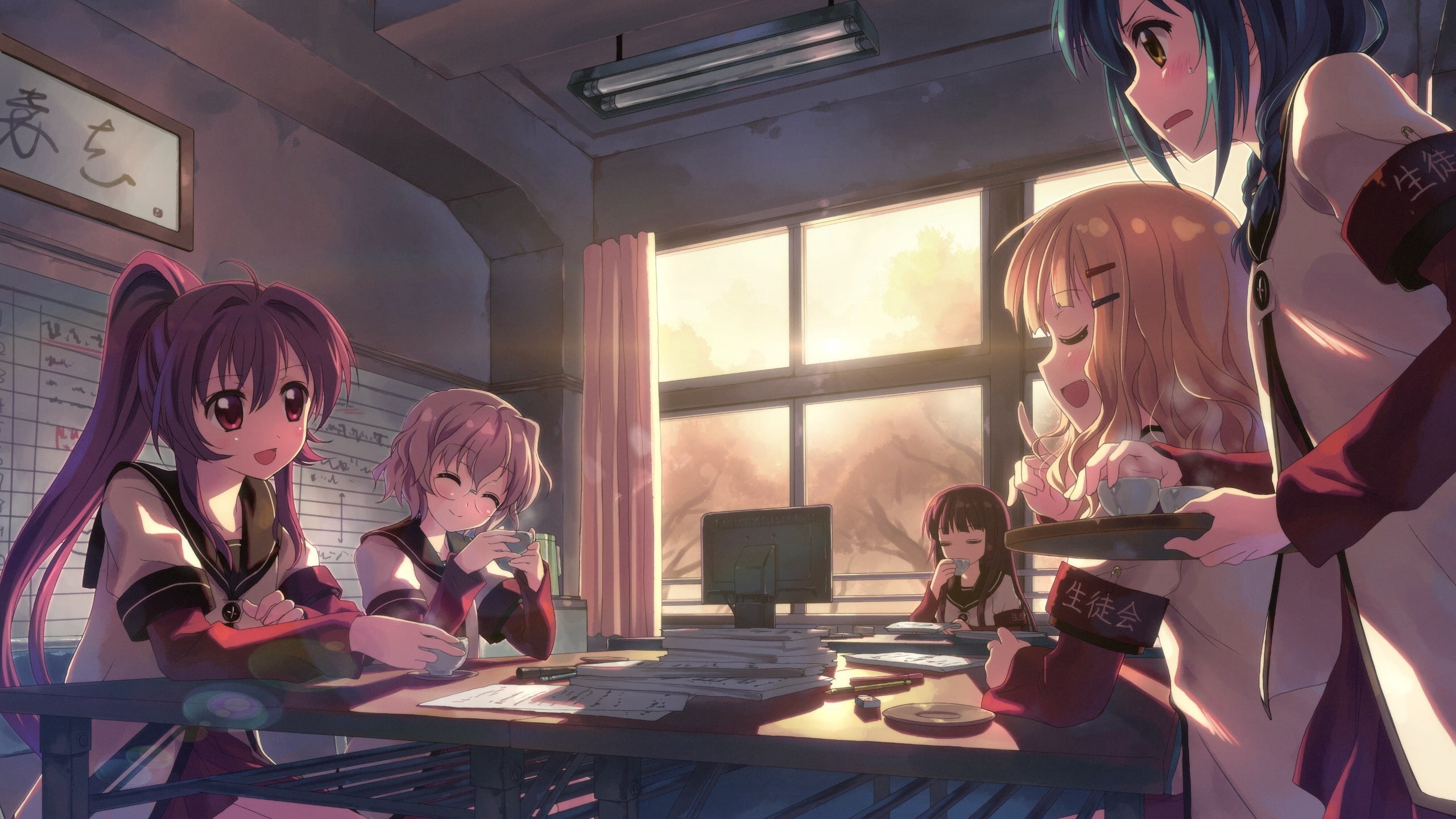 schoolgirl, Ikeda Chitose, Furutani Himawari, Sugiura Ayano, Oomuro Sakurako, 2K, anime girls, Yuru Yuri, HD Wallpaper