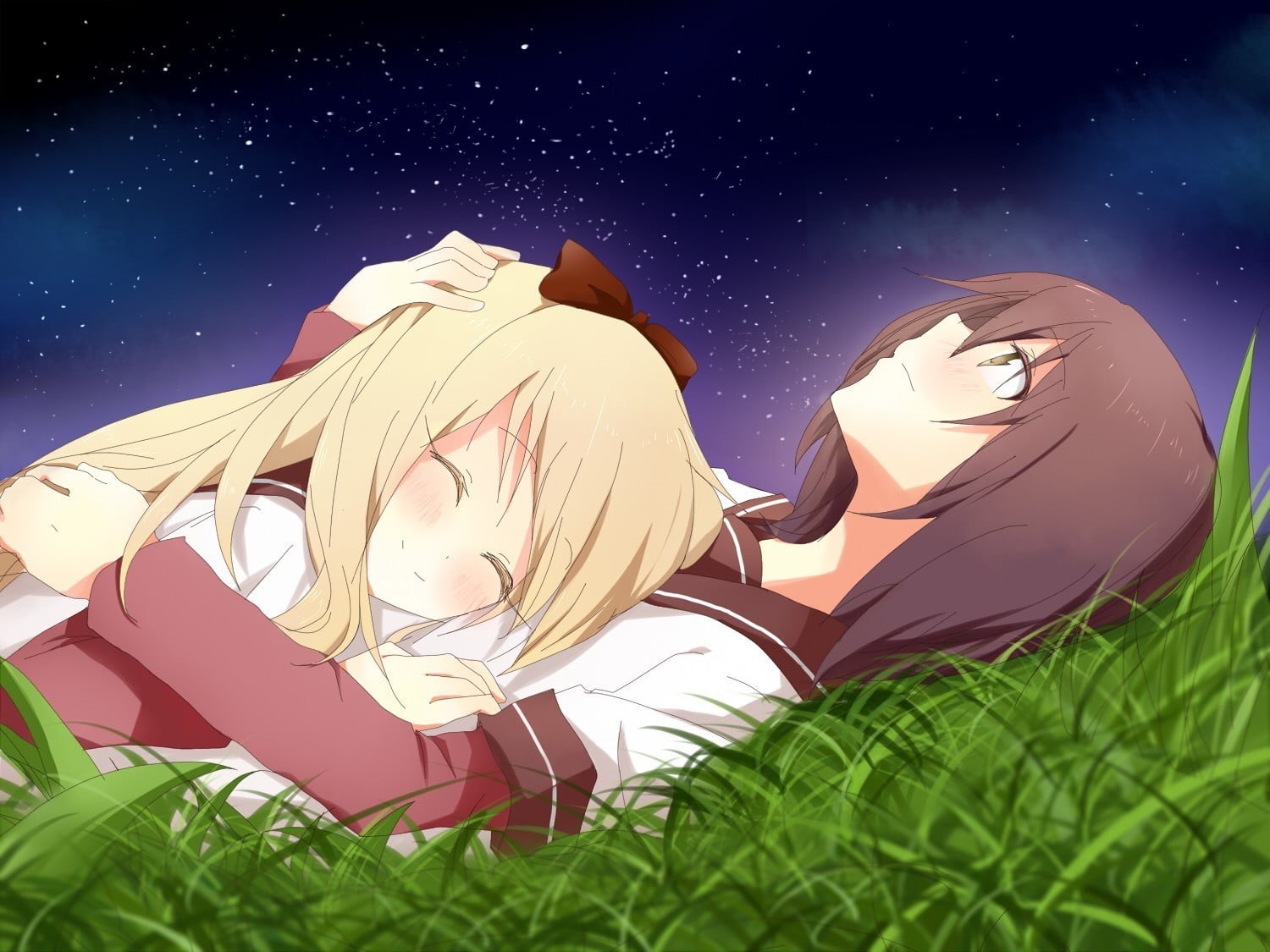 green color, tranquil scene, nature, art and craft, stars, star - space, leaf, field, school uniform, anime girls, astronomy, sky, land, anime, 720P, outdoors, HD Wallpaper