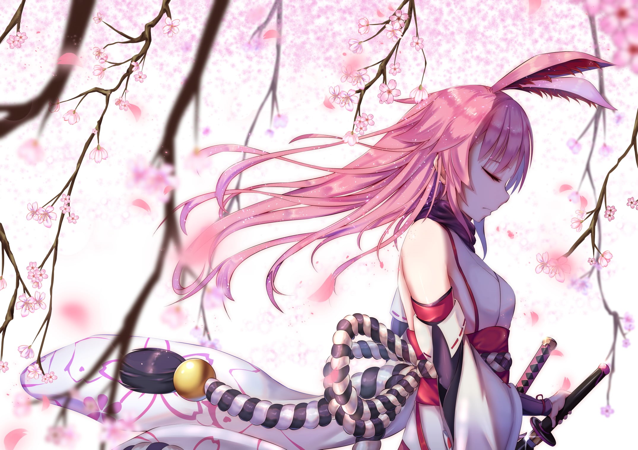 creativity, 1080P, vulnerability, women, s, floral, outdoors, cherry blossom, hairstyle, long hair, growth, Japanese clothes, flower, plant, tree, weapon, HD Wallpaper