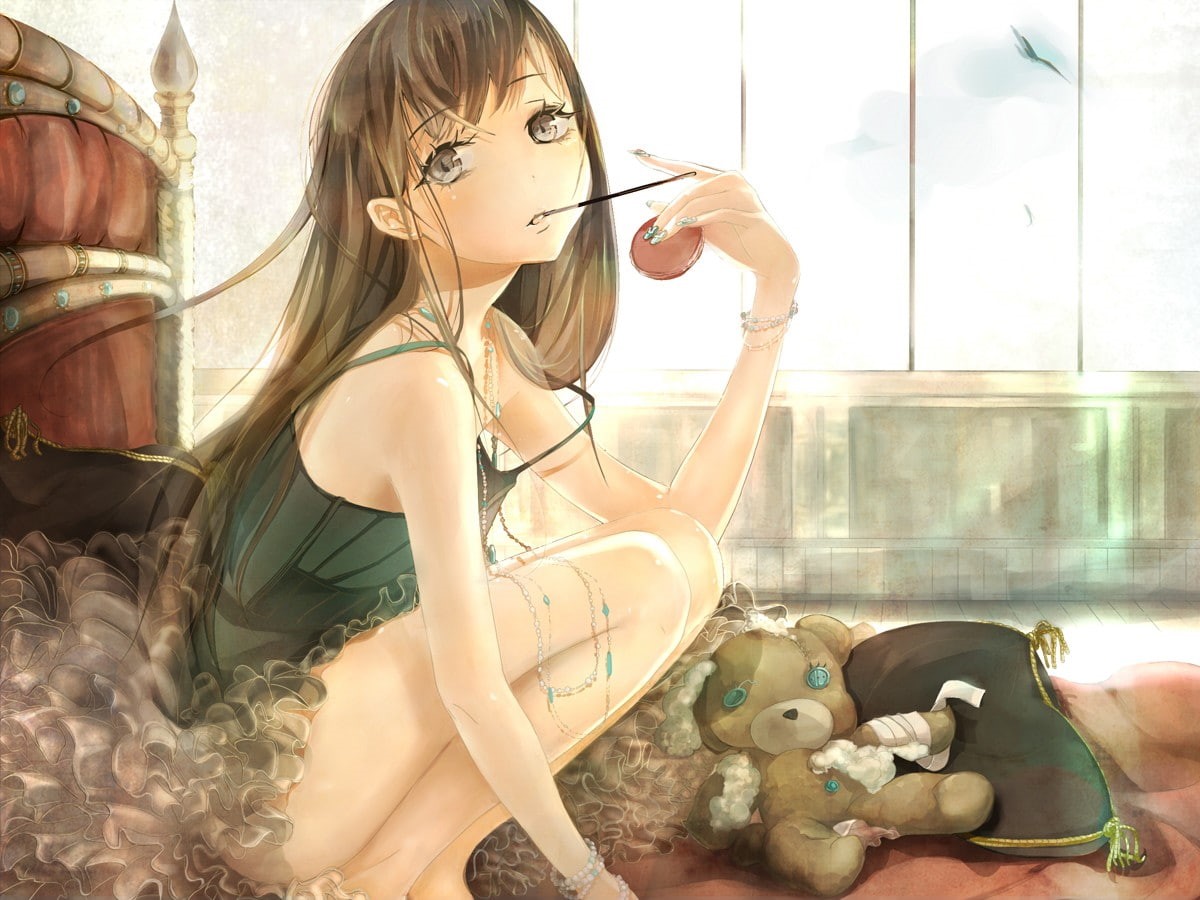 480P, bird, anime girls, anime, gray eyes, characters, girls, hair, eyes, original characters, original, teddy, long hair, long, gray, jewelry, bears, HD Wallpaper