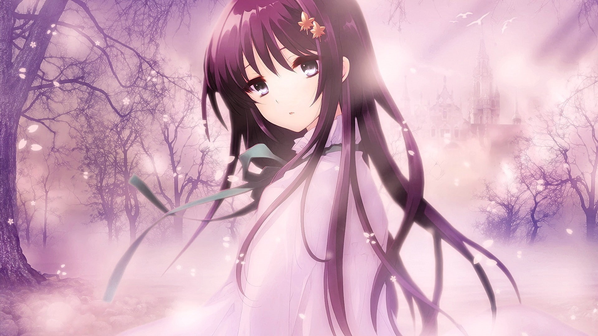 day, plant, outdoors, 1080P, purple, flower, young adult, eyes, motion, tree, one person, flowering plant, Shirasagi Mayuri, beauty in nature, anime, technology, HD Wallpaper