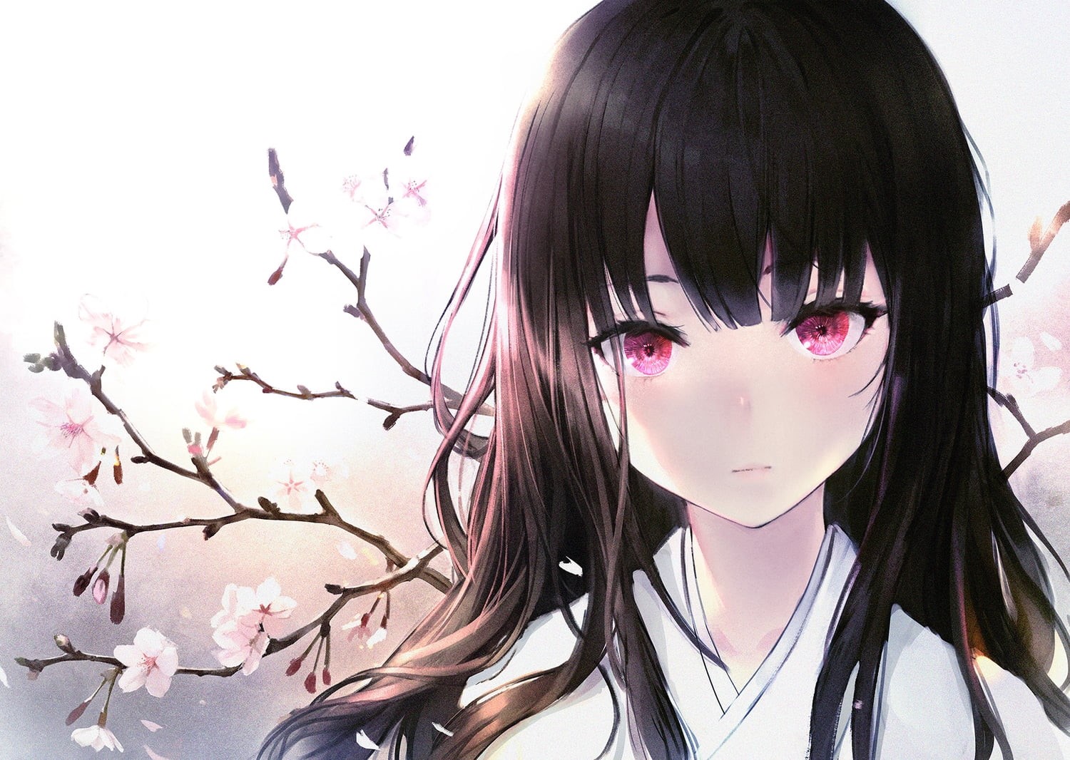 black hair, pink eyes, Japanese clothes, kimono, cherry blossom, long hair, anime, 720P, flowers, HD Wallpaper