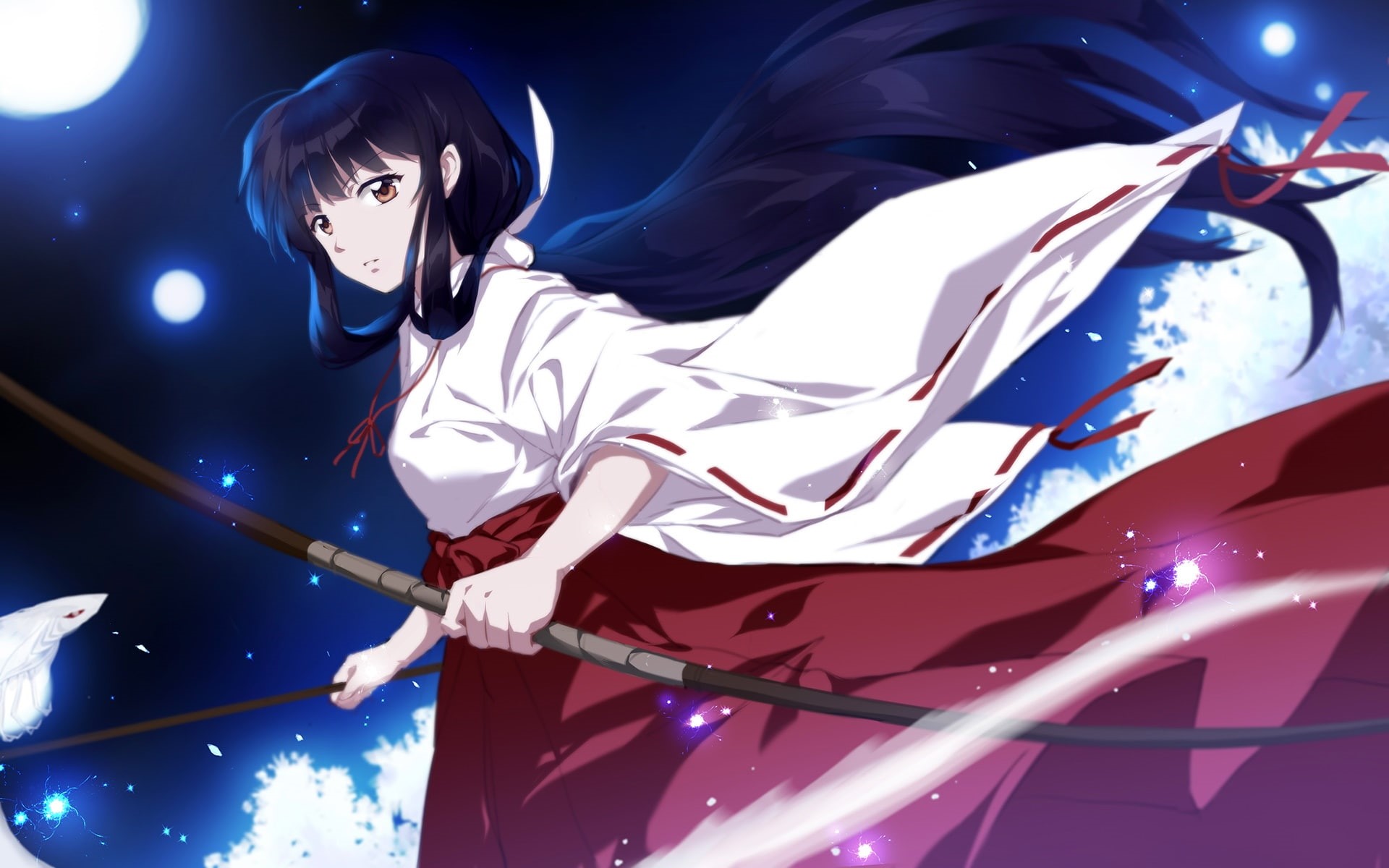 com, brown, konachan, 1080P, kikyou, hair, bow, cangkong, black, 235254, eyes, miko, weapon, (weapon), japanese, long, clothes, inuyasha, HD Wallpaper