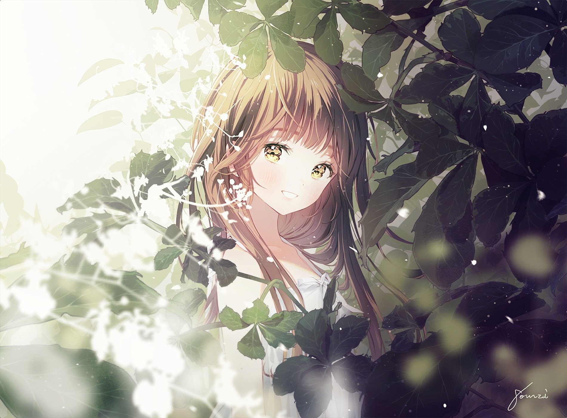 waifu2x, long, original, eyes, dress, brown, hair, yellow, summer, 720P, gomzi, leaves, signed, HD Wallpaper