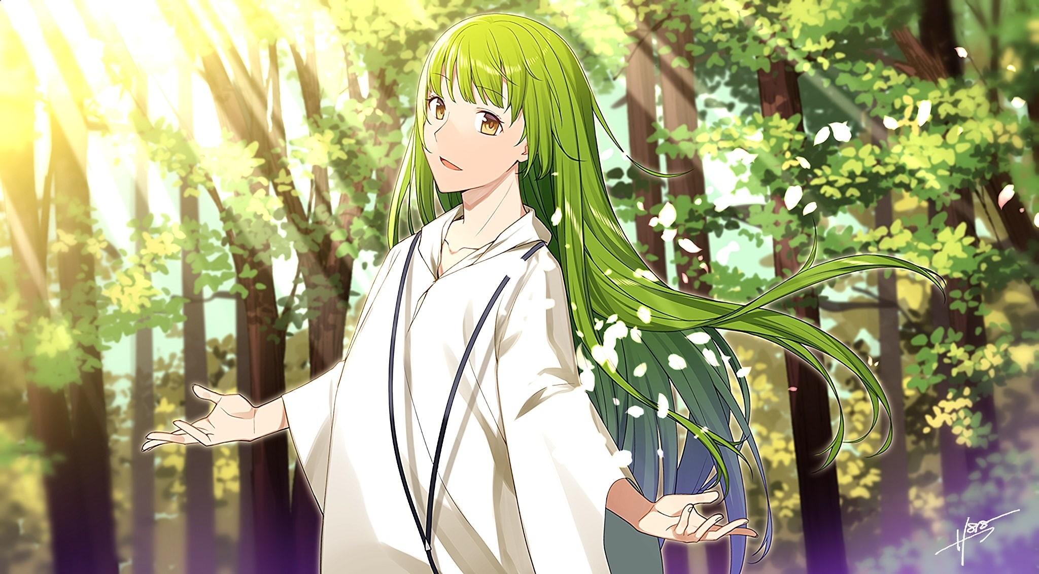 grand, green, eyes, enkidu, waifu2x, 1080P, yellow, petals, long, tree, order, male, hair, all, fate, konachan, sahuyaiya, com, 248680, (series), HD Wallpaper