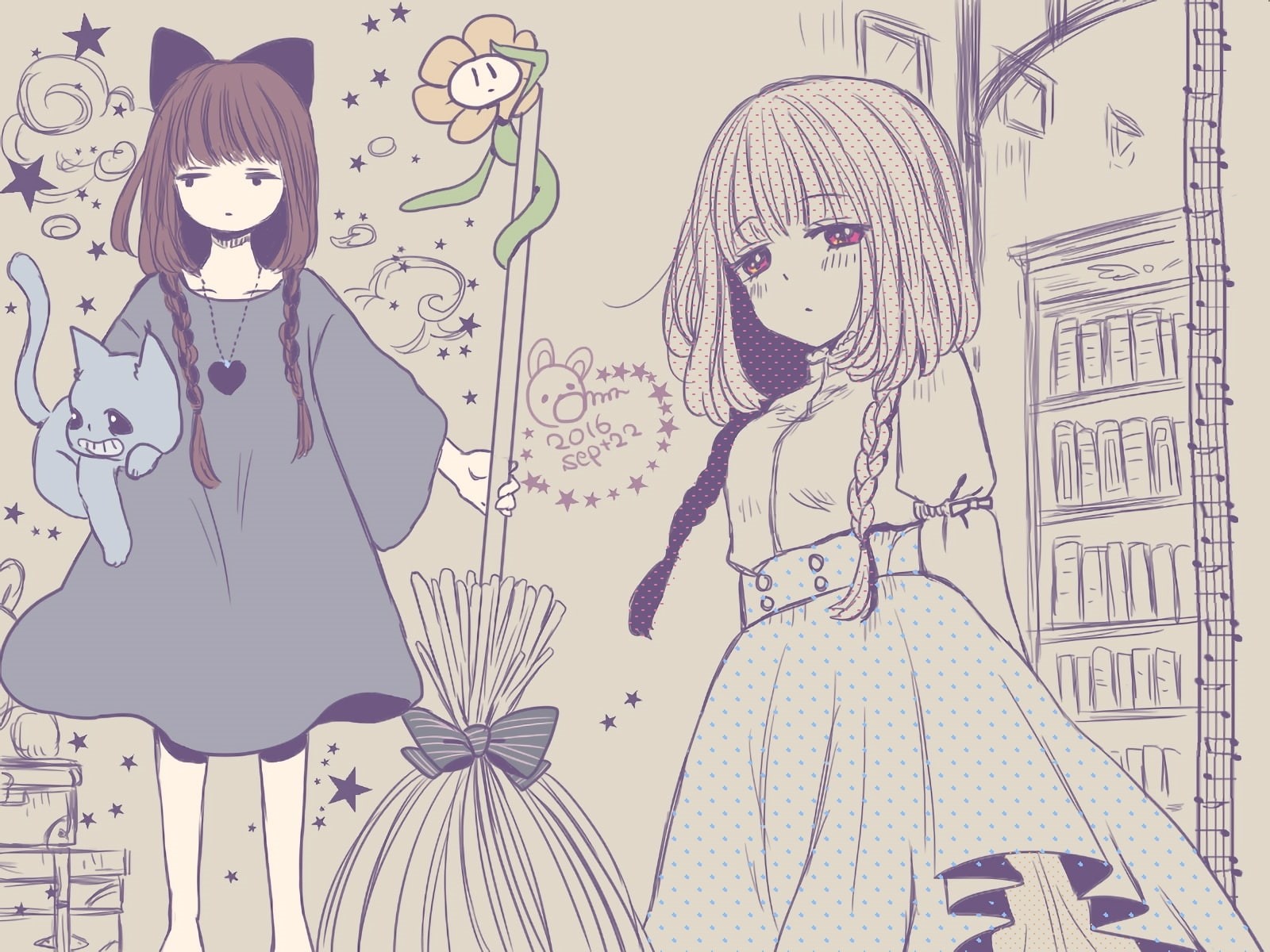 konachan, delivery, 235191, kikis, animal, flowey, amnmiu, com, service, polychromatic, waifu2x, witch, cat, sketch, sans, (undertale), frisk, 720P, undertale, HD Wallpaper
