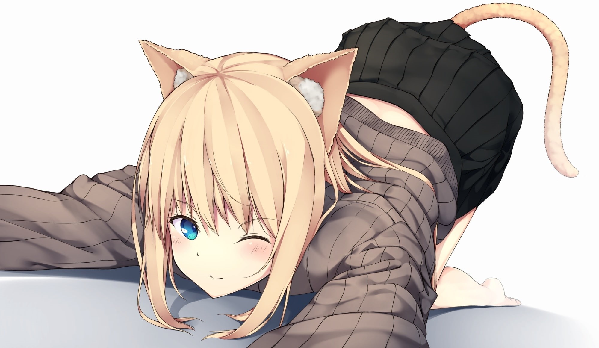 short, skirt, blush, close, white, hiraba, konachan, hair, animal, waifu2x, catgirl, eyes, 235532, com, barefoot, wink, aqua, 6018, blonde, tail, ears, HD Wallpaper