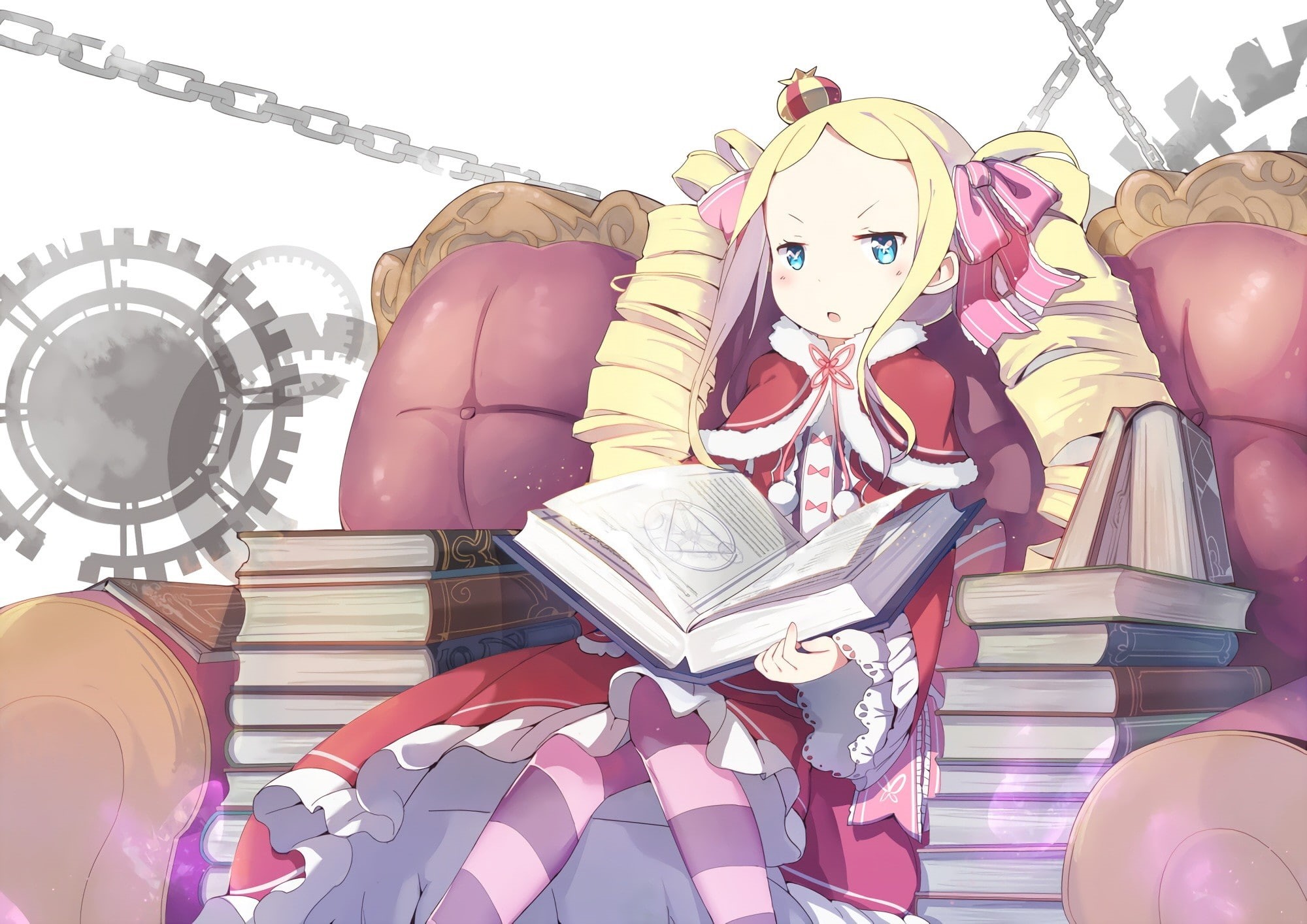 hair bows, waifu2x, blue eyes, 1080P, books, cape, stockings, aqua eyes, chains, crown, couch, blonde, Beatrice (Re: Zero), long hair, Re Zero, twintails, HD Wallpaper