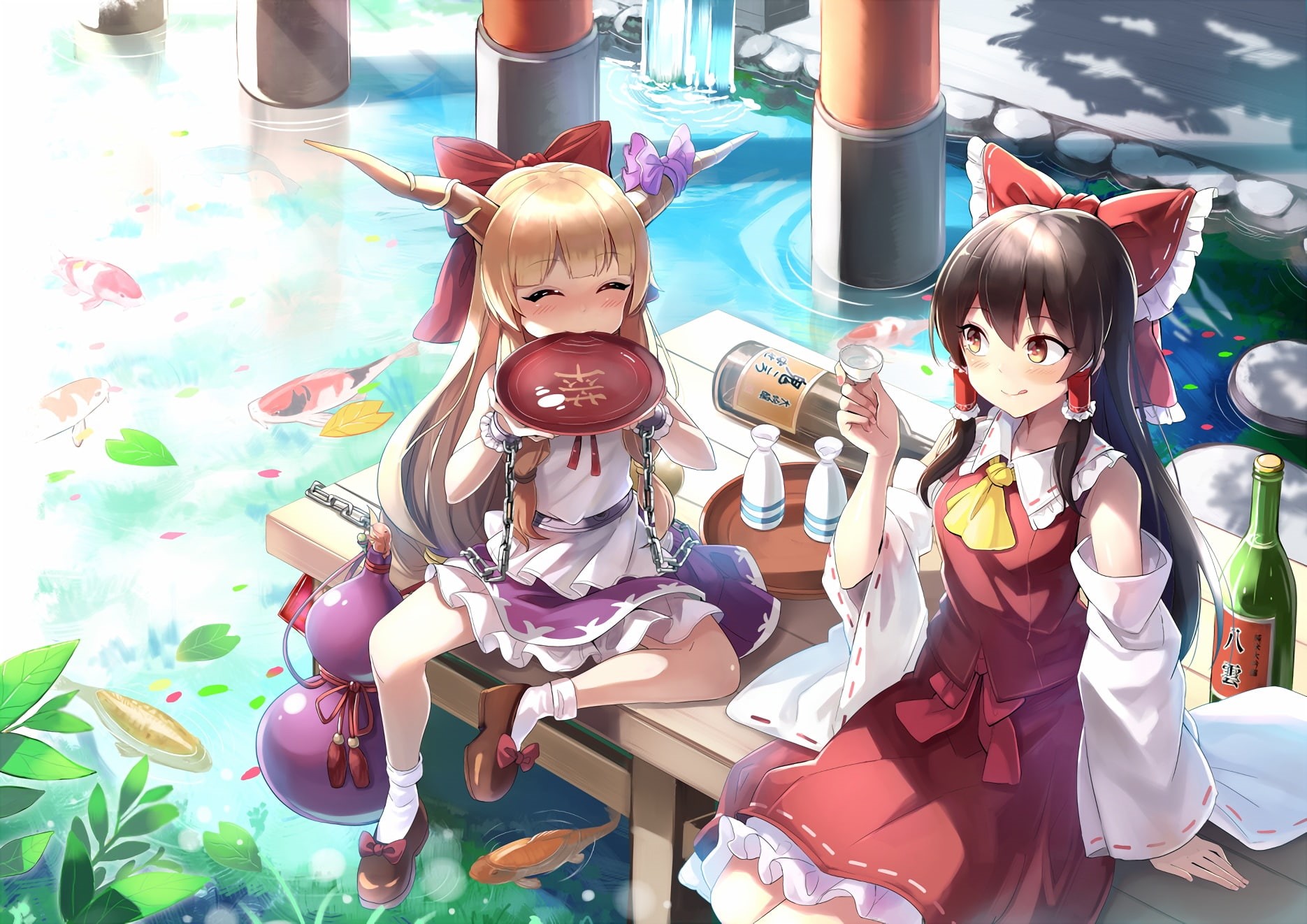loli, sake, drink, konachan, waifu2x, black, touhou, com, wristwear, 720P, water, chain, brown, fish, blonde, hair, animal, 260706, blush, 2girls, horns, HD Wallpaper
