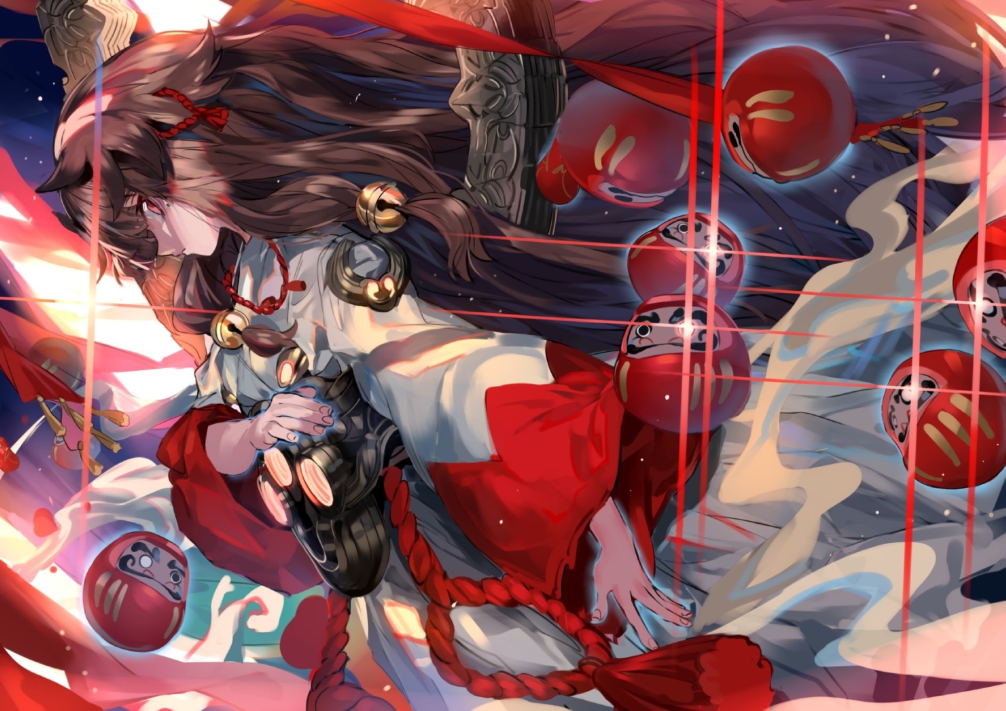 (artist), 1080P, brown, japanese, eyes, waifu2x, pink, bell, clothes, 248476, com, hair, miko, original, tagme, long, konachan, HD Wallpaper