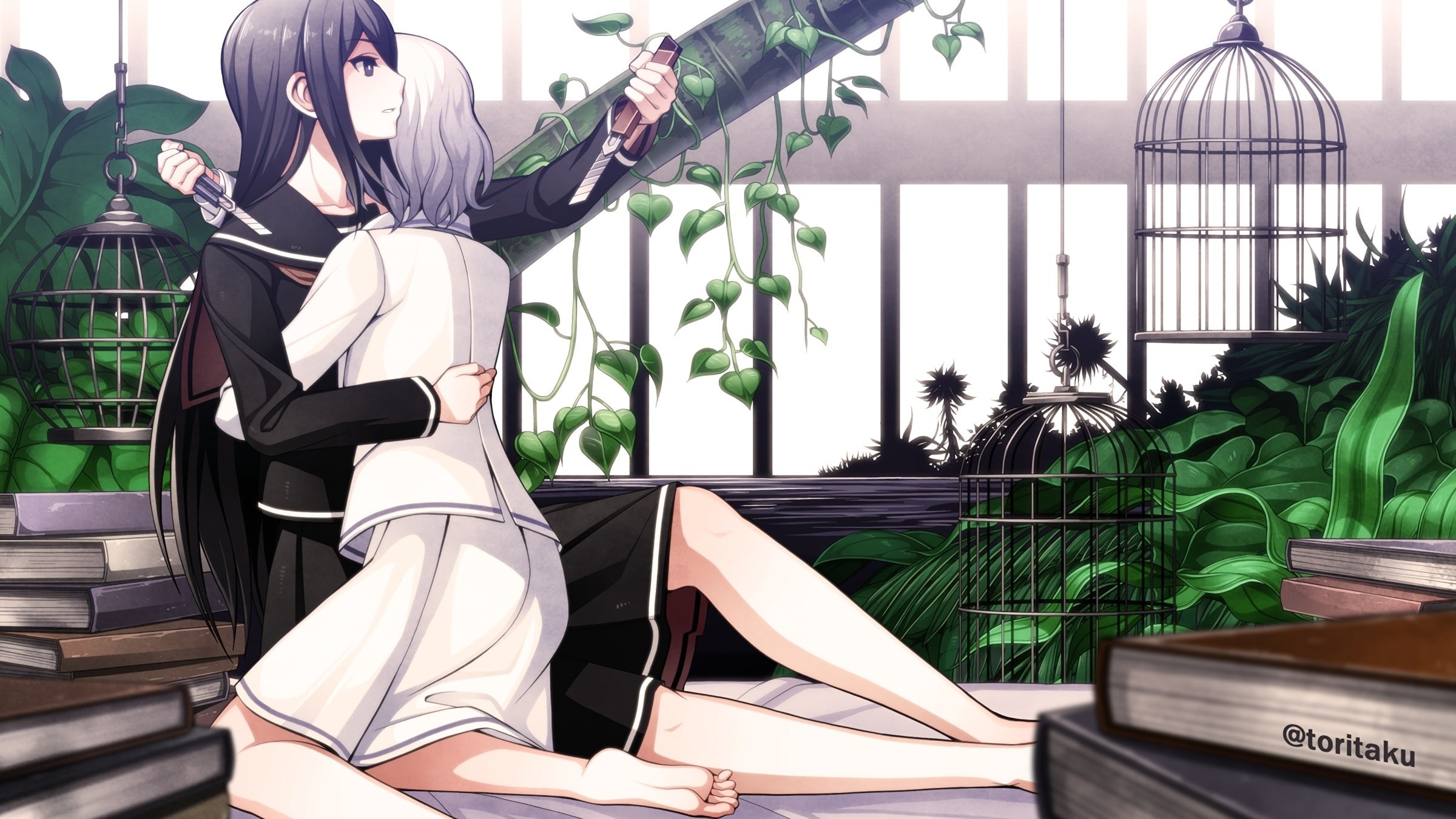 knife, weapon, 2girls, gray, eyes, com, konachan, hair, cage, skirt, 235796, black, original, book, barefoot, vocaloid, long, seifuku, short, waifu2x, watermark, HD Wallpaper