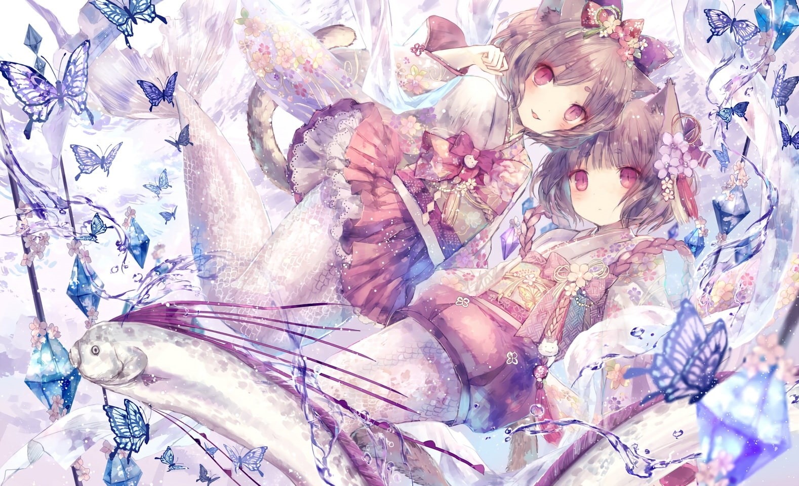 2girls, waifu2x, 720P, short, eyes, kimono, ears, hair, fish, com, original, japanese, konachan, mermaid, tail, catgirl, clothes, brown, 247887, animal, HD Wallpaper