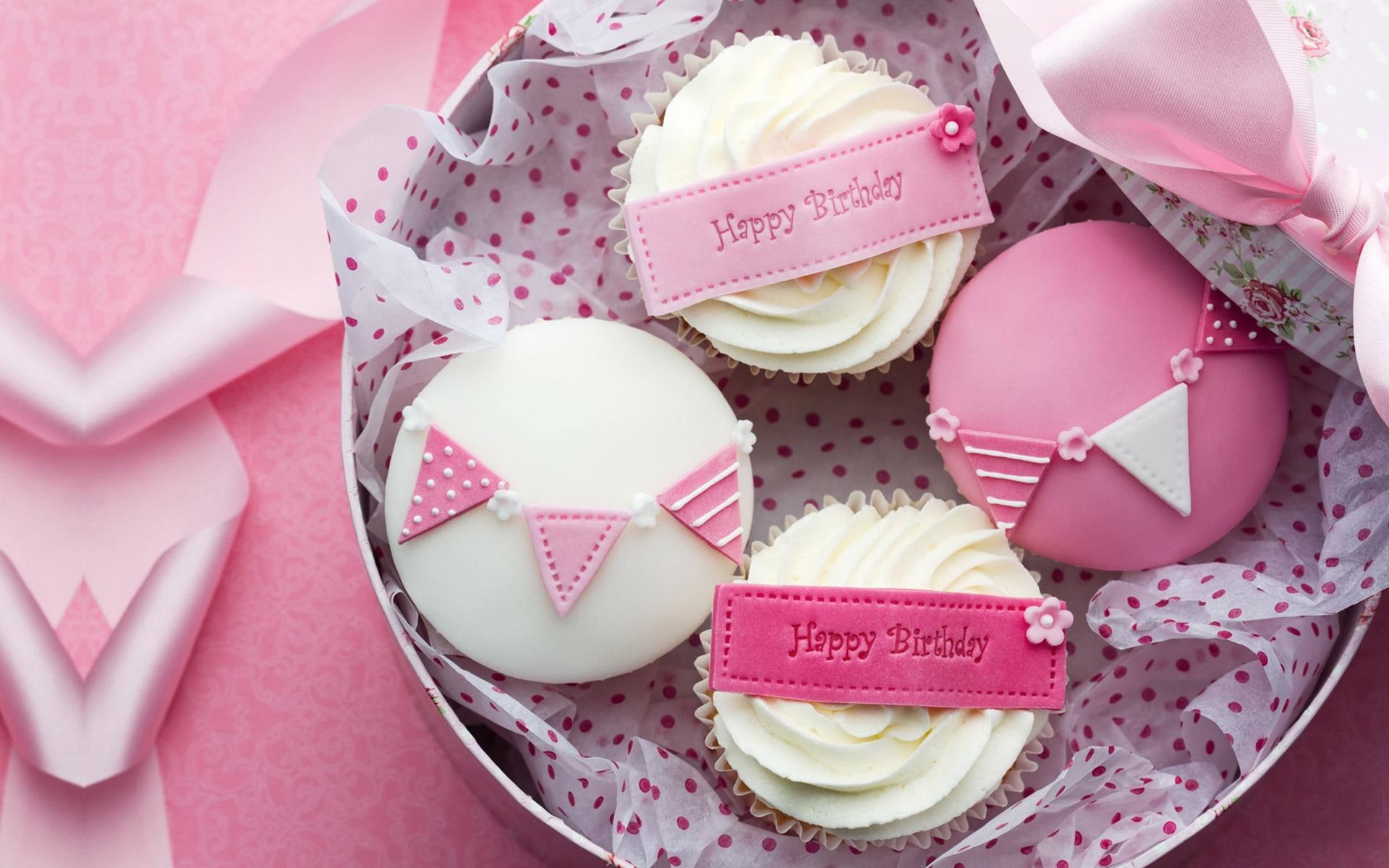 white, cupcake, jacqelinela, happy-birthday, food, cupcakes, holiday, four, 1080P, birthday, happy, pink, flowers, cake, cream, ribbon, HD Wallpaper