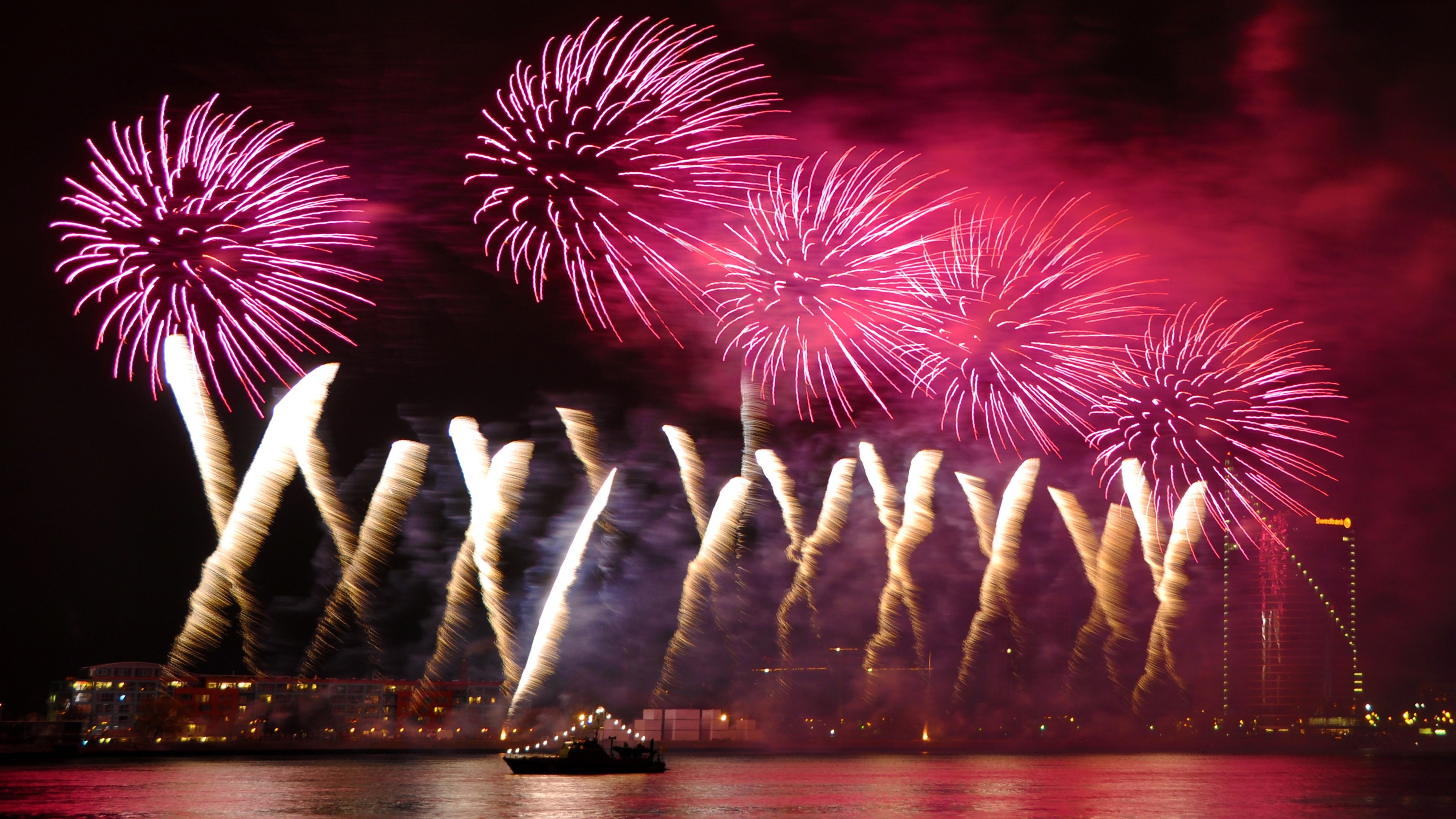 display, orange, Fireworks, Sky, Night, 4K, River, Beautiful, City, purple, HD Wallpaper