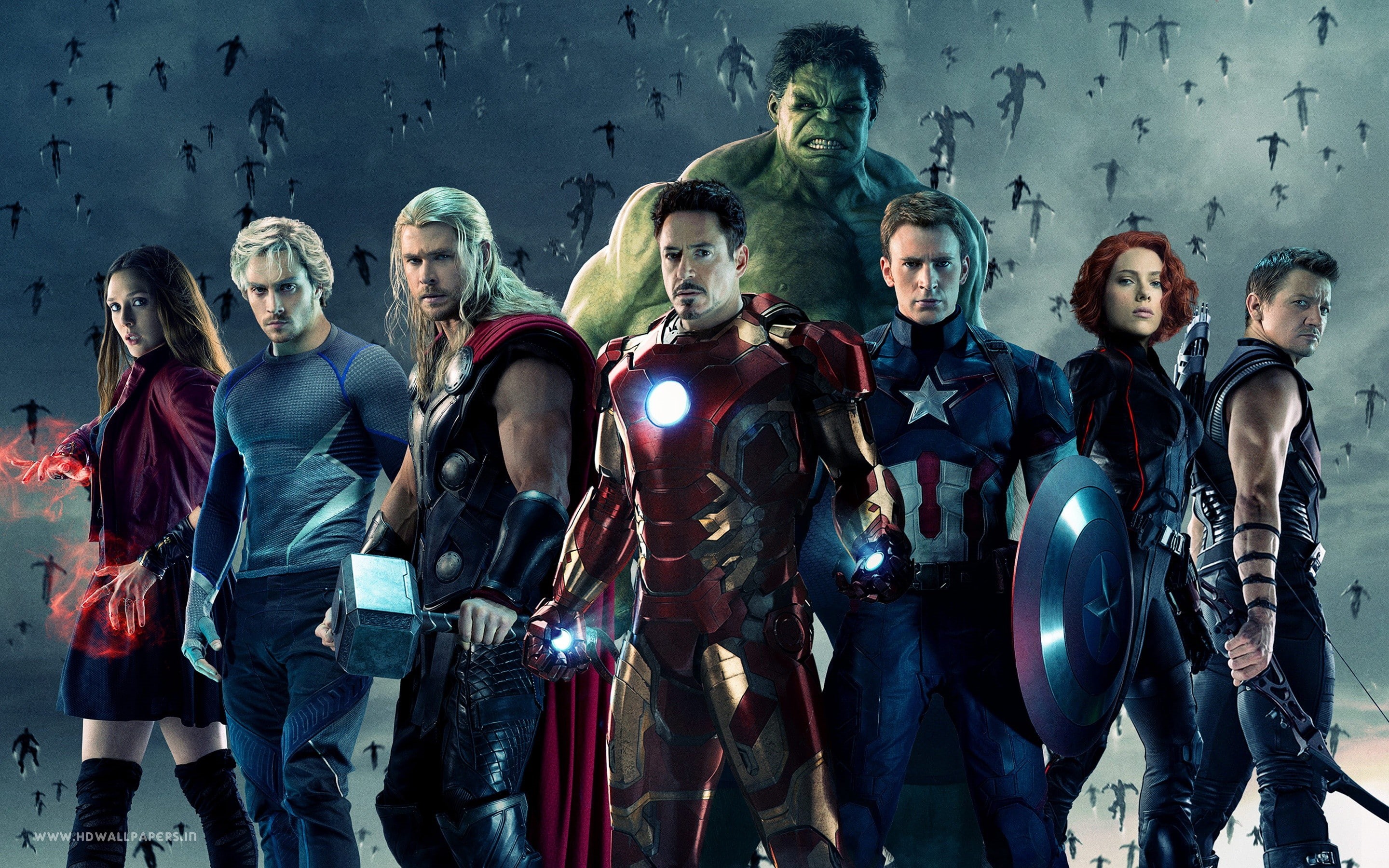 Jeremy Renner, Thor, Chris Evans, 2K, Chris Hemsworth, Iron Man, Aaron Taylor-Johnson, Captain America, Scarlet Witch, Quicksilver, Black Widow, Elizabeth Olsen, HD Wallpaper