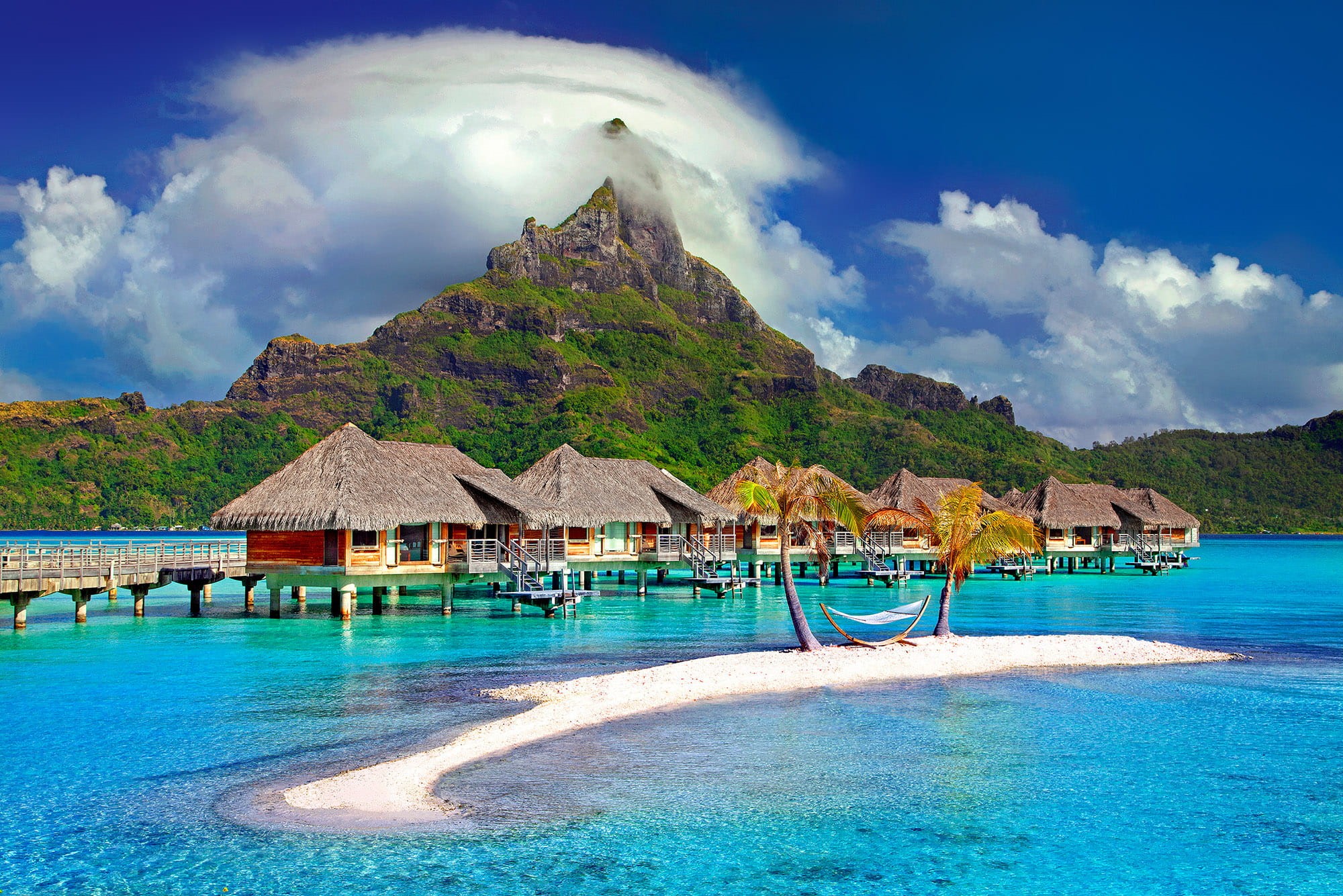 cloud - sky, sky, shore, scenery, scenic, oceanshore, outdoors, mountain, polynesia, travel, beach, resort, paradise, turquoise colored, cottages, nature, HD Wallpaper