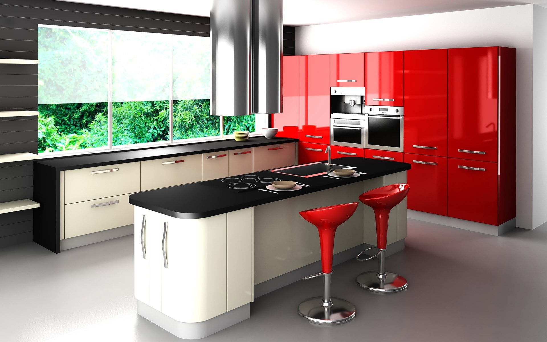 red, decor, built structure, wooden, elegance, cabinet, cabinets, refrigerator, domestic Life, microwave, table, steel, domestic Room, luxury, faucet, no People, HD Wallpaper