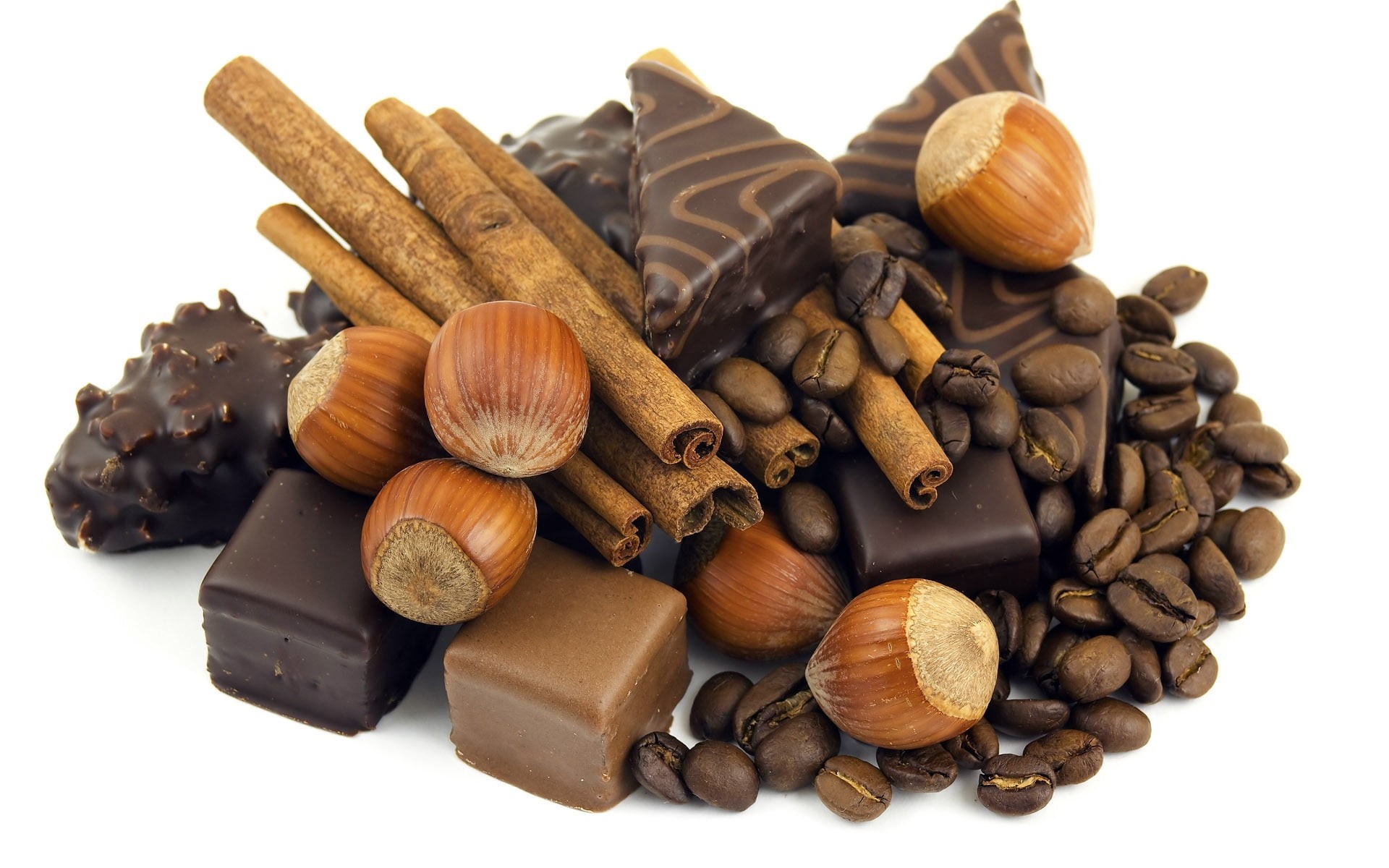 nature, freshness, chocolate Truffle, cut out, cinnamon, hazelnut, 1080P, food And Drink, chocolate, snack, seed, wood, white, studio shot, variation, HD Wallpaper