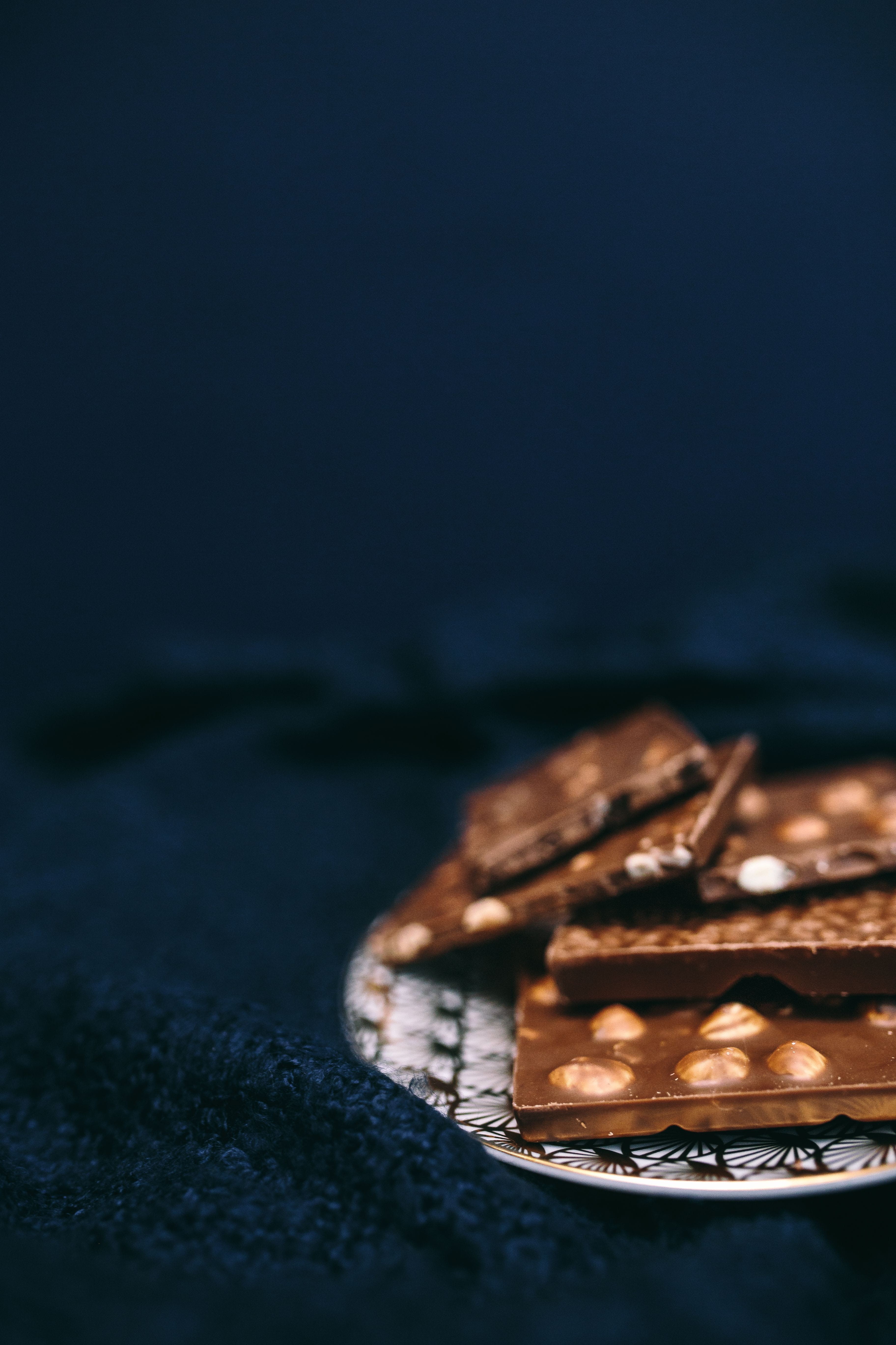 food, plate, unhealthy eating, Close up, close-up, bar, dessert, copy space, nut, close, sweet food, 5K, chocolate, still life, table, indulgence, chocolate bar, Phone HD Wallpaper